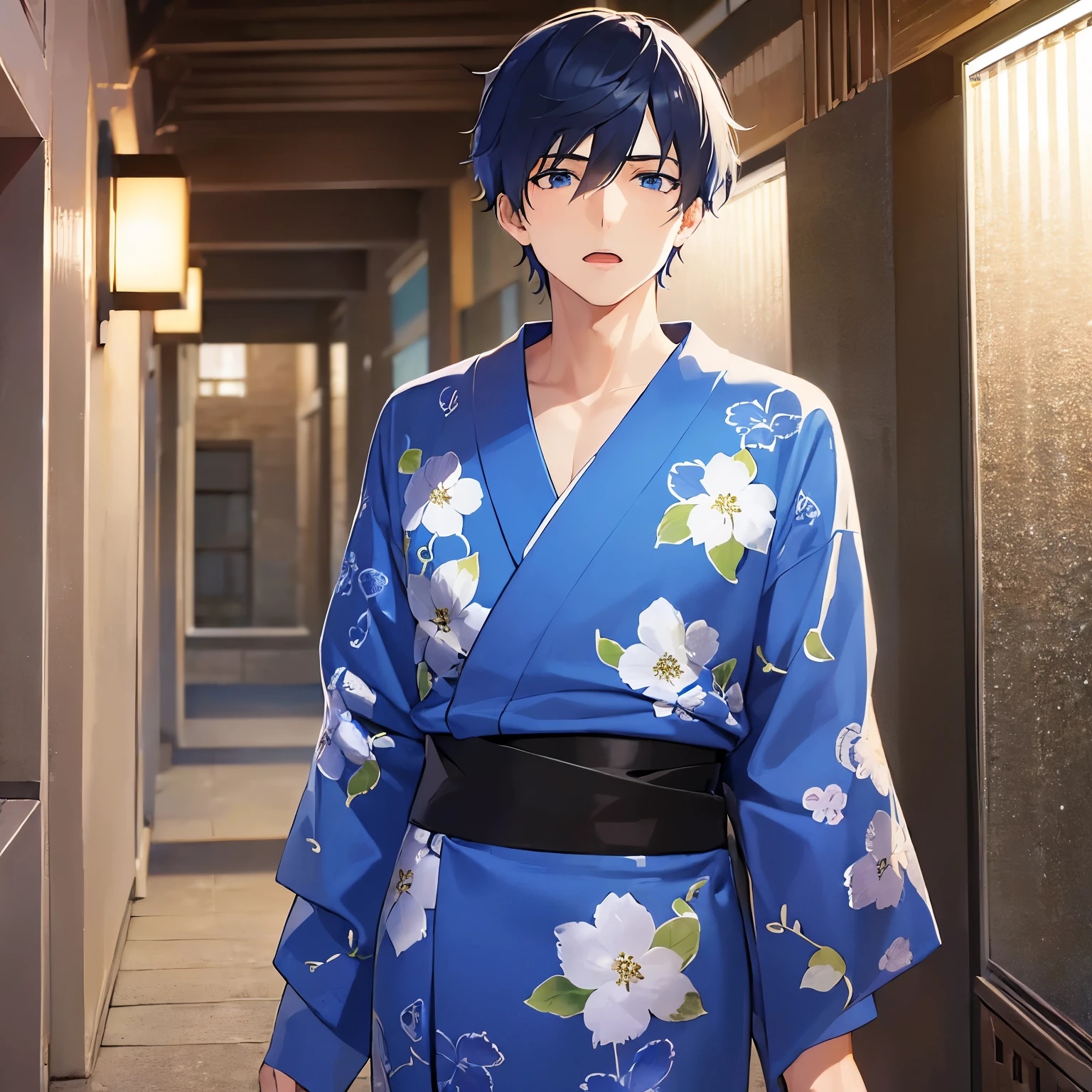 (25-year-old male:1.5) and(Black short hair) and (blue eyes), Side shot, (looking away:1.5), upper body、
masterpiece、Highest quality、
blue yukata,worried,open mouth,The background is a Japanese-style corridor at night、Walking(alone:1.5)