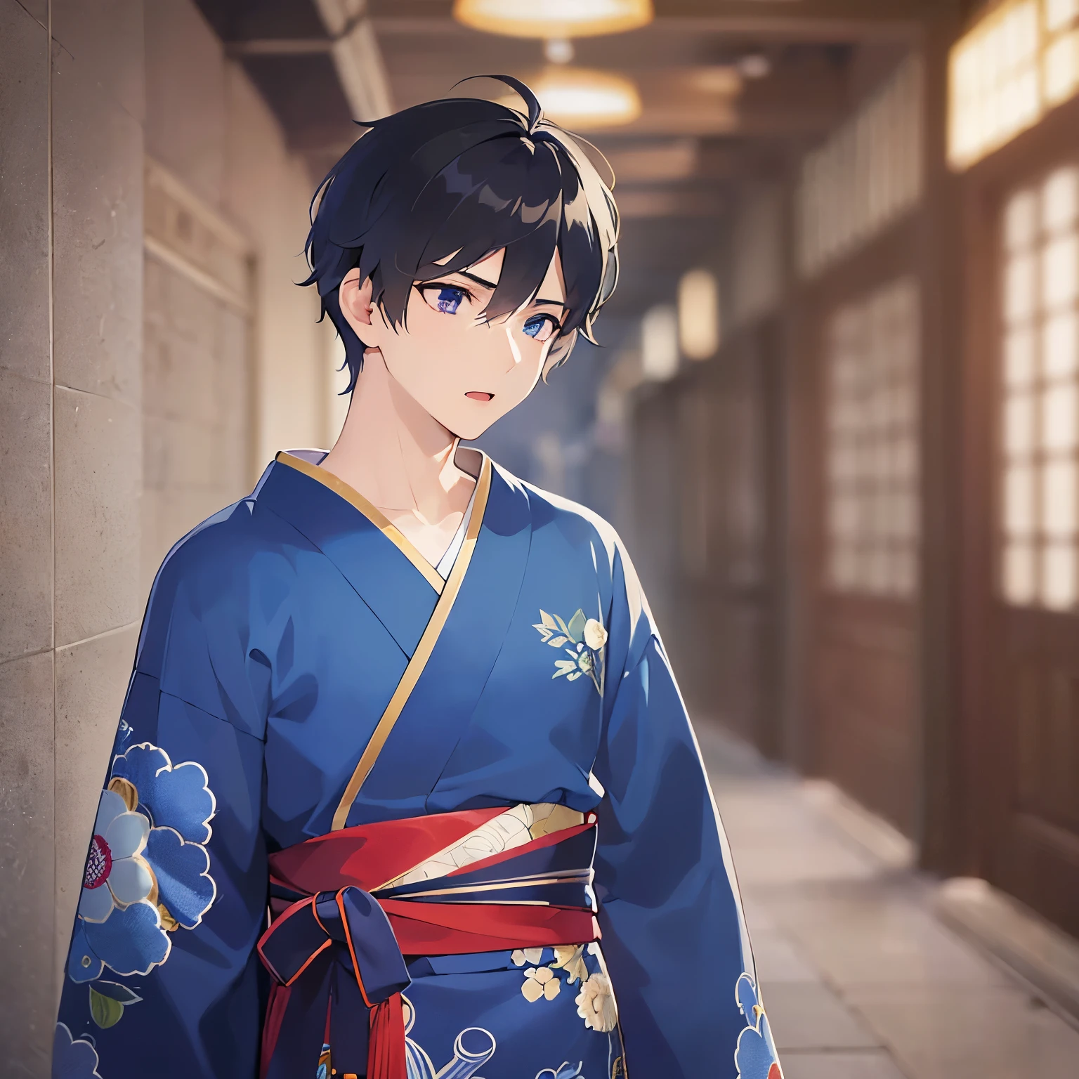 (25-year-old male:1.5) and(Black short hair) and (blue eyes), Side shot, (looking away:1.5), upper body、
masterpiece、Highest quality、
blue yukata,worried,open mouth,The background is a Japanese-style corridor at night、Walking（alone:1.5）