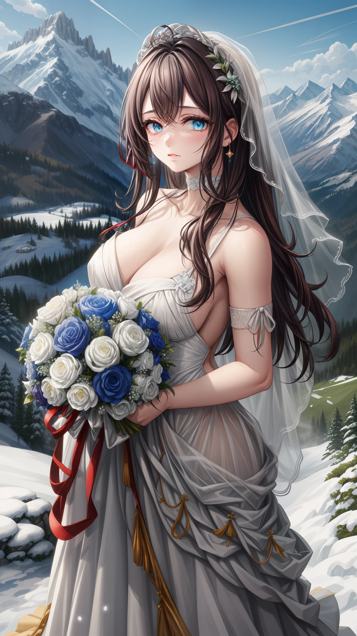 

(1 girl), (masterpiece), (Best Quality), ((looking at the viewer)), ((Whole body)),((in front of the viewer)), ((dress that highlights your figure)), ((by white)), ((beautiful wedding dress))

In a serene alpine setting, on top of a snow covered mountain, a young woman stands gracefully. Their hair, as pure and white as freshly fallen snow, cascades down your shoulders in soft waves. his eyes, a striking shade of blue reminiscent of deep sapphires, reflect the clear, cool sky above. She is adorned with an elegant, Flowing white dress that flutters slightly in the mountain breeze., accentuating her slender figure. The morning sun bathes her in a soft, golden glitter, highlighting the delicate features of your face: a serene expression that reflects the tranquility of its surroundings.. Your gaze is fixed on the panoramic view of steep valleys and distant peaks., a scene painted with pristine snow and lush greenery under the vast, immaculate sky.