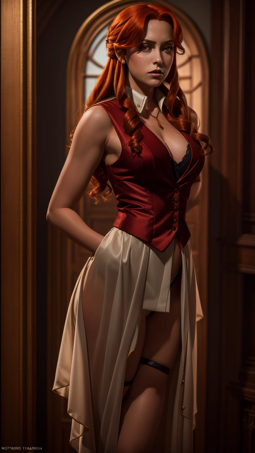 ((photo by full body)), ((photo realist)), 1 girl, (waistcoat: 1.2), 8k, high-res, finely detailed skin, lingerie, Breasts huge, lenore from castlevania, vampire, red hair, full body shot