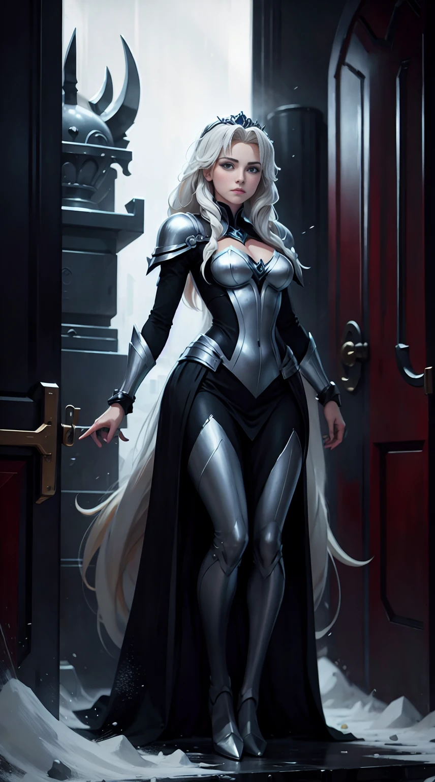 ((full body photo, standing)) 1 gorgeous European blonde woman, age 23, she is the powerful queen of the frozen world, she stands on her metallic frozen throne
