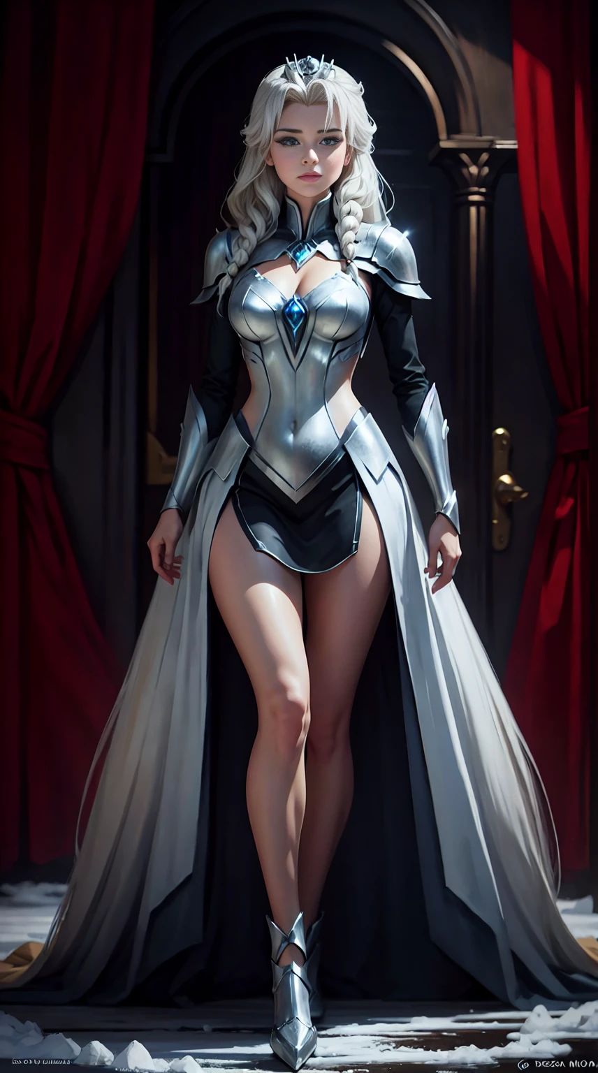 ((full body photo, standing)) 1 gorgeous European blonde woman, age 23, she is the powerful queen of the frozen world, she stands on her metallic frozen throne