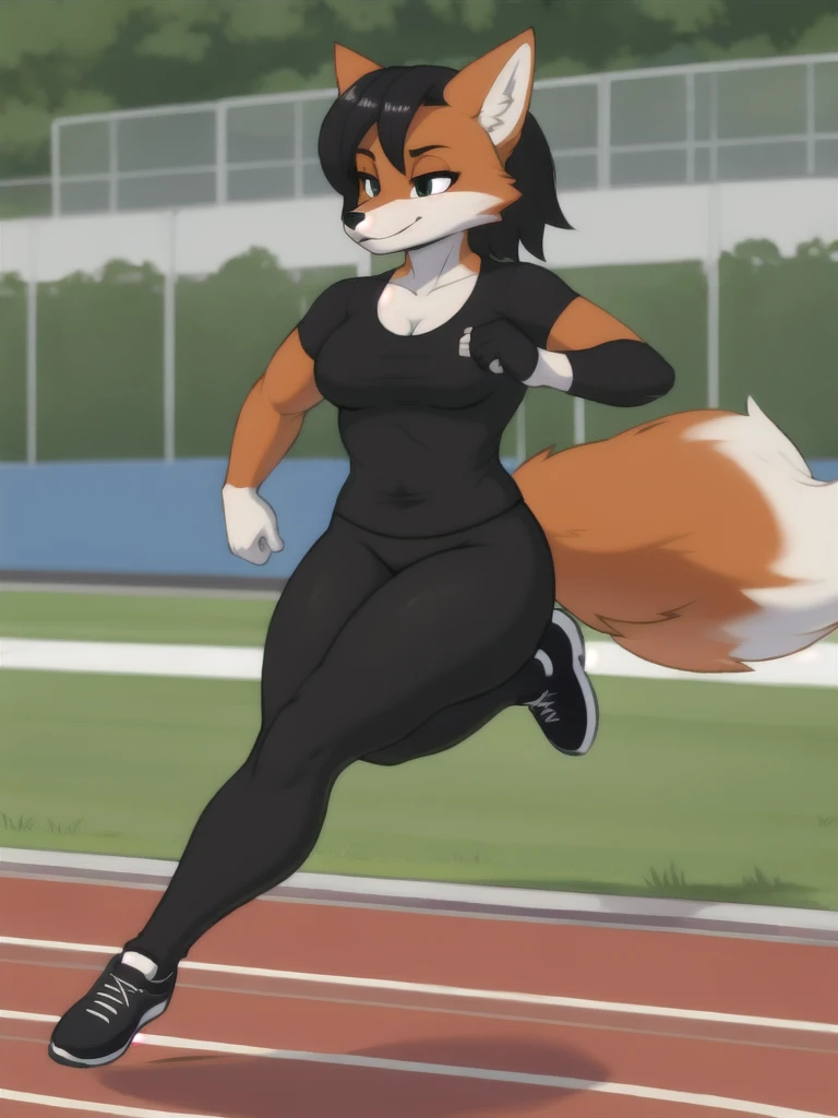 Furry, fox, female, black shirt, black leggings, shoes, running track, solo, full body