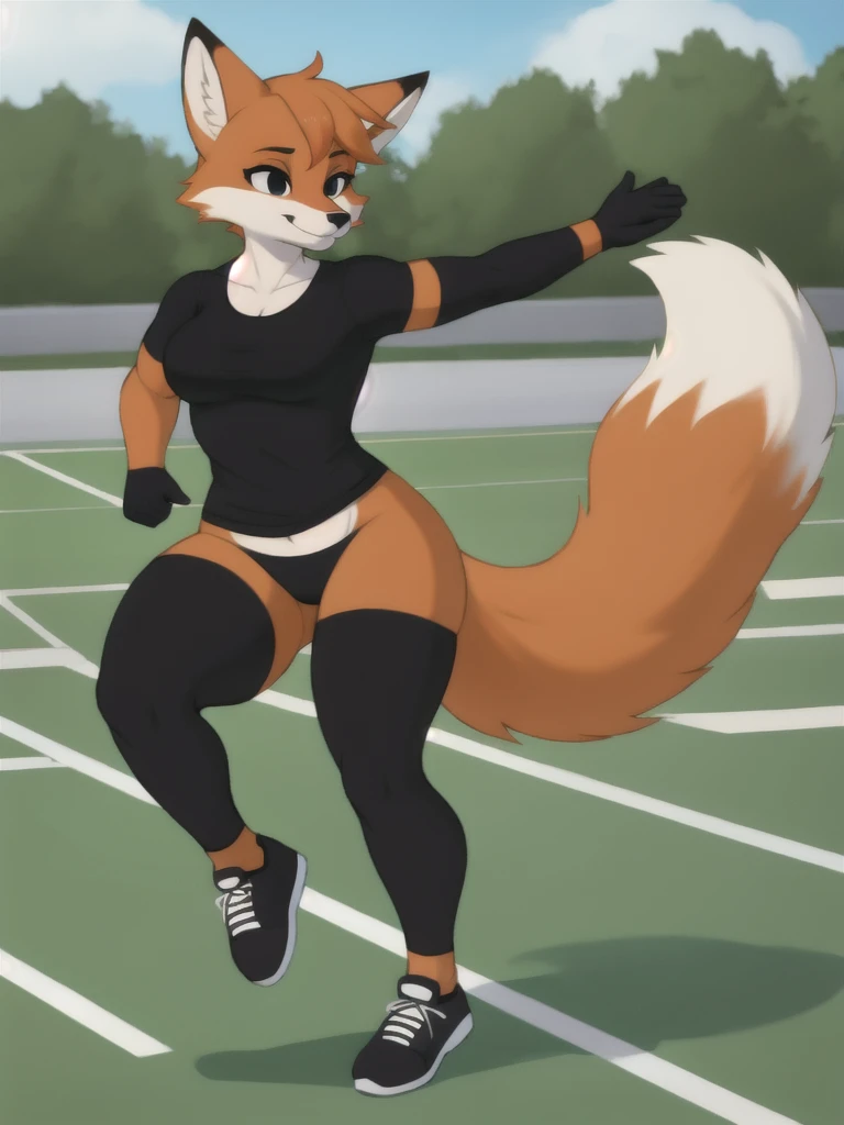 Furry, fox, female, black shirt, black leggings, shoes, running track, solo, full body