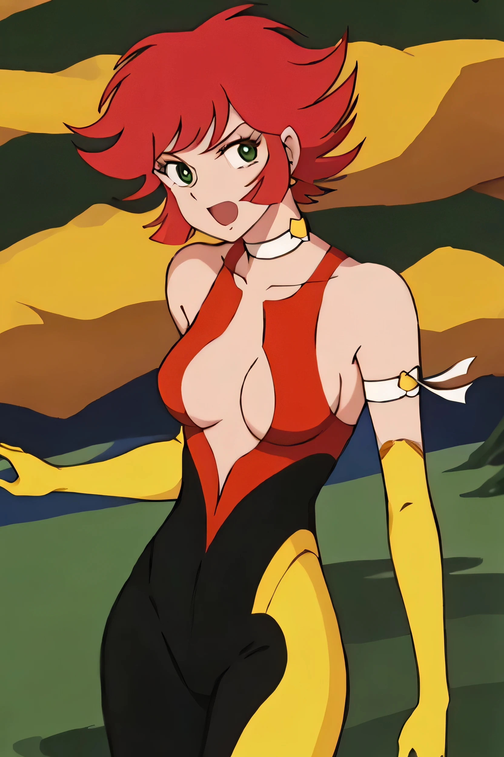 masterpiece, Highest quality, alone, One girl,Outdoor,View your viewers, cutie Honey,Redhead,short hair,Green Eyes,Multi-colored Bodysuits,chest,Chest cleavage,Chest cleavageカット,Skin Tight,choker,boots,Elbow Gloves,手链,Earrings,Bodysuits,Dynamic pose,Cowboy Shot