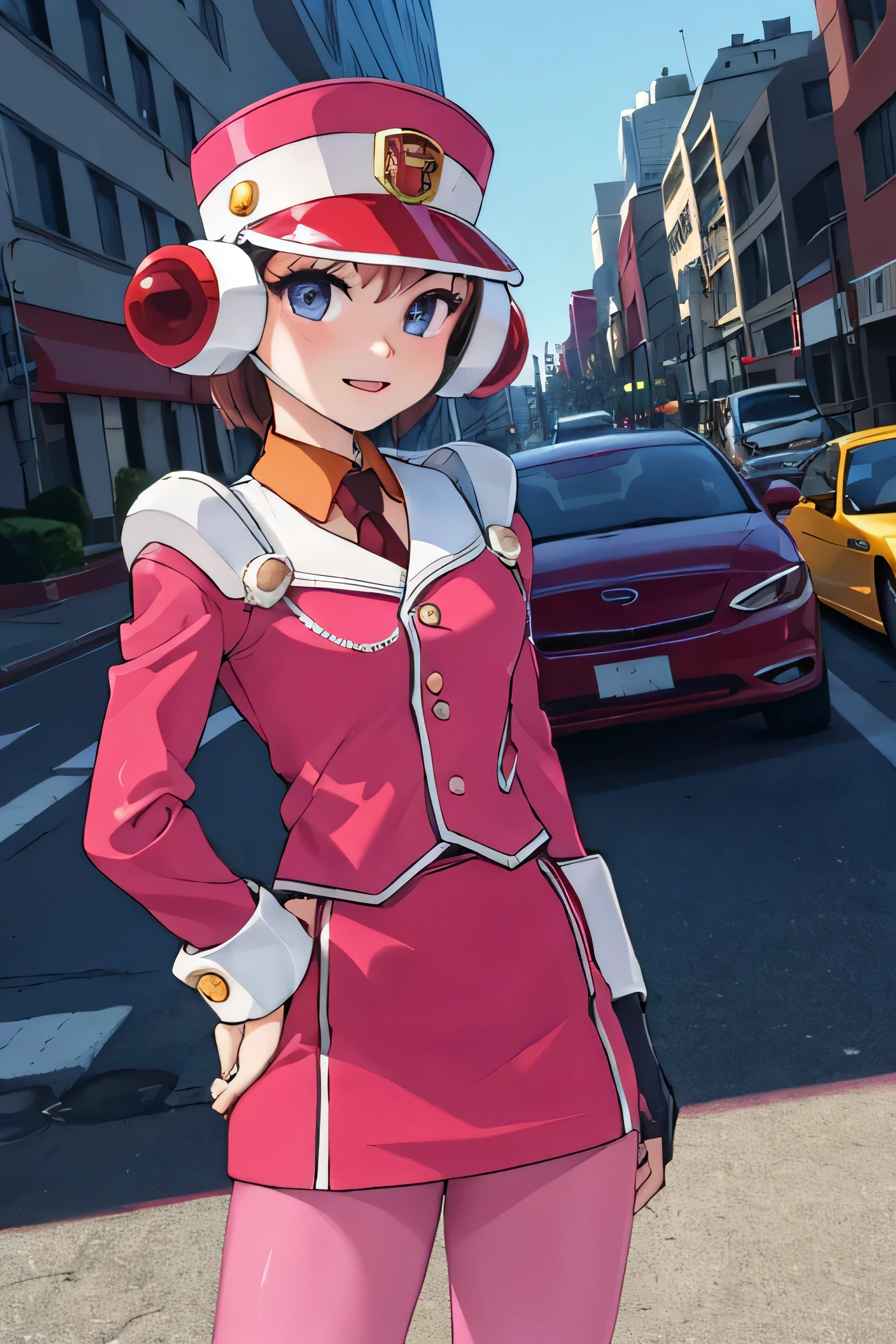 masterpiece, Highest quality, null,One girl, alone, Outdoor,city,Cowboy Shot,Ultra-detailed eyes,Ultra detailed hair, Car Robot,skirt,pantyhose,Pink Uniform,Dynamic pose