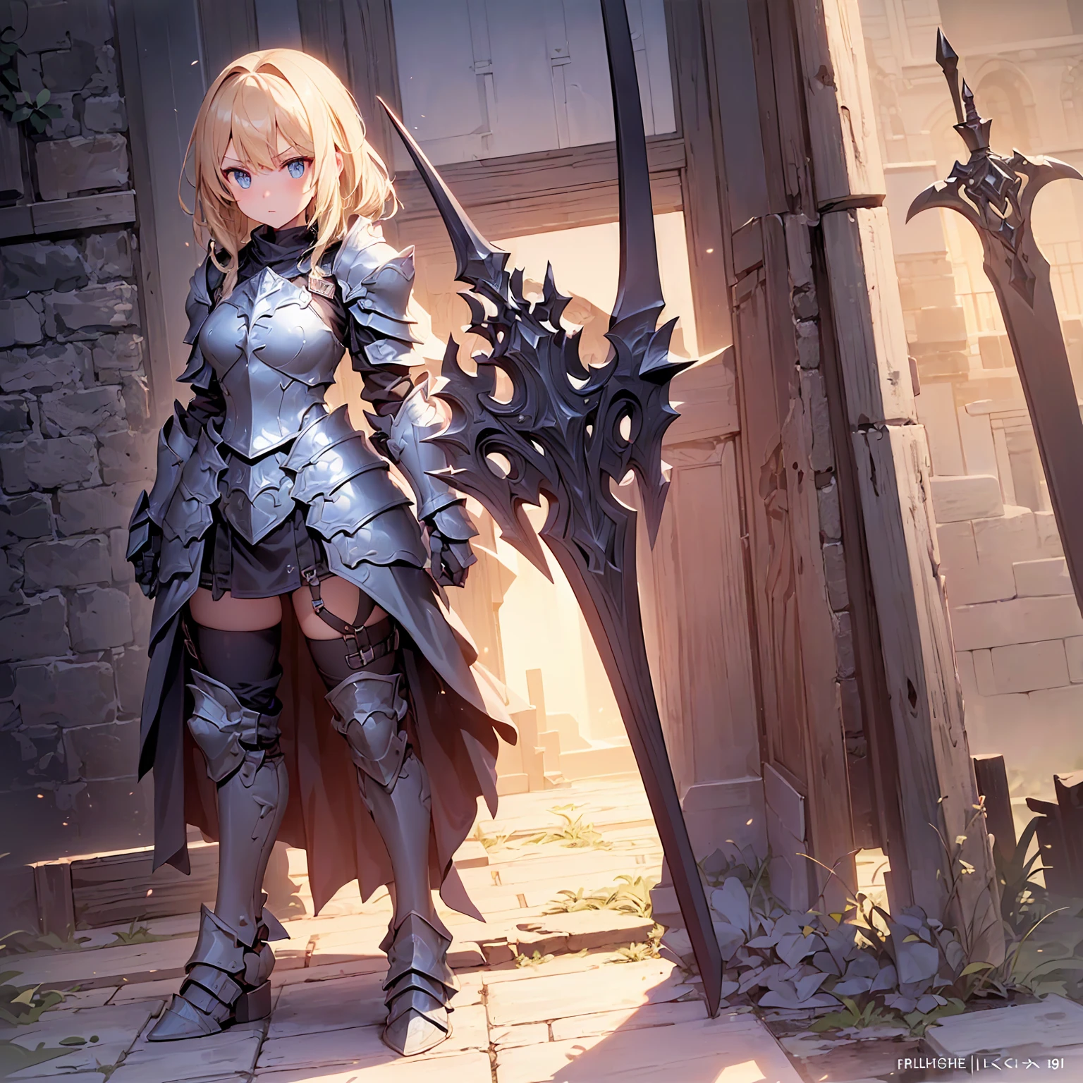 (((masterpiece, best quality, high detailed, 8k))) Design a layout showcase Gaming character, (1girl). Black+Gold ((full body armor)), stylish and unique. ((showcase weapon:1.4)), dark scythe. (masterpiece:1.2), (best quality), 4k, ultra-detailed. (Step by step design, layout art:1.5), (luminous lighting, atmospheric lighting). necromancer, ((glove full hands)), (((revealing armor:1.3))), vambraces, armored legwear, (((full_body_shot:1.4))). {In a haunted graveyard}.