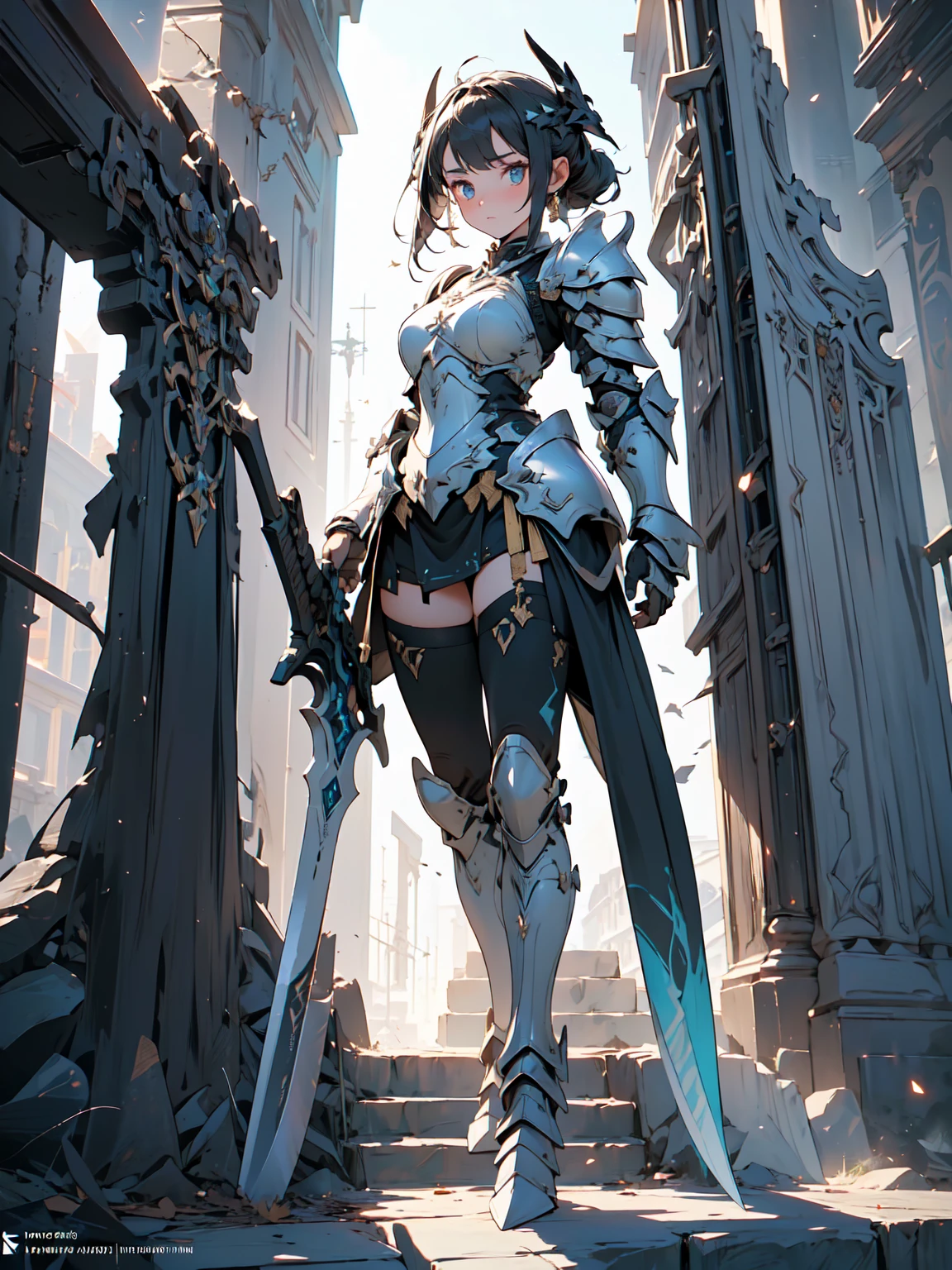 (((masterpiece, best quality, high detailed, 8k))) Design a layout showcase Gaming character, (1girl). Black+Gold ((full body armor)), stylish and unique. ((showcase weapon:1.4)), dark scythe. (masterpiece:1.2), (best quality), 4k, ultra-detailed. (Step by step design, layout art:1.5), (luminous lighting, atmospheric lighting). necromancer, ((glove full hands)), (((revealing armor:1.3))), vambraces, armored legwear, (((full_body_shot:1.4))). {In a haunted graveyard}.