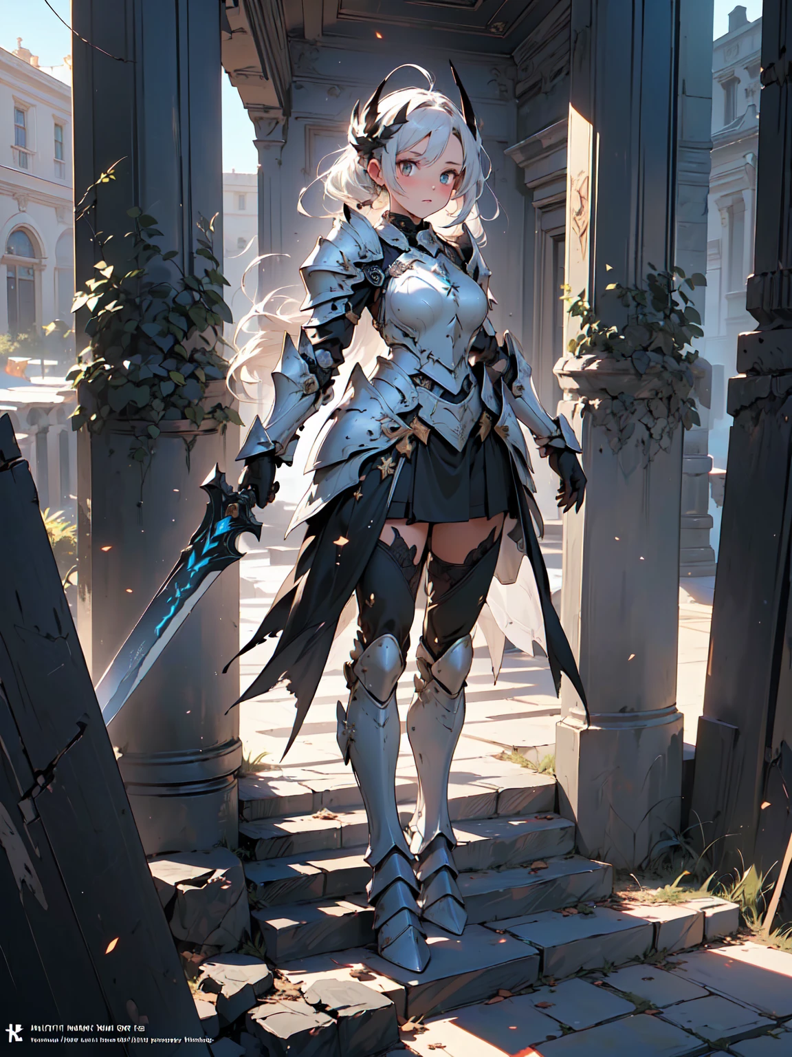 (((masterpiece, best quality, high detailed, 8k))) Design a layout showcase Gaming character, (1girl). Black+Gold ((full body armor)), stylish and unique. ((showcase weapon:1.4)), dark scythe. (masterpiece:1.2), (best quality), 4k, ultra-detailed. (Step by step design, layout art:1.5), (luminous lighting, atmospheric lighting). necromancer, ((glove full hands)), (((revealing armor:1.3))), vambraces, armored legwear, (((full_body_shot:1.4))). {In a haunted graveyard}.