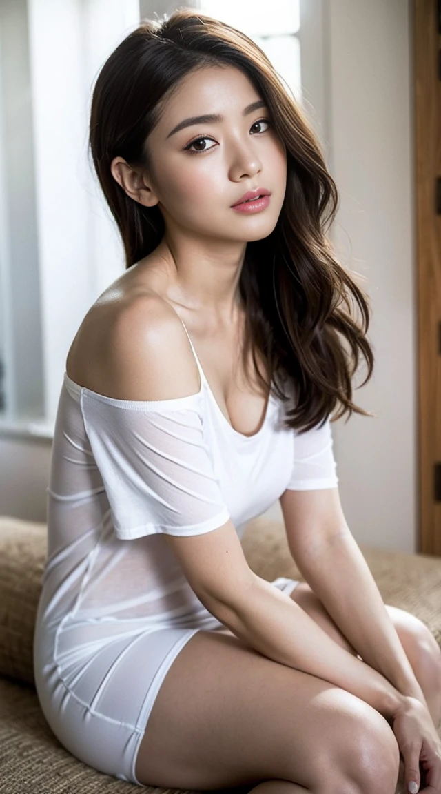 Dark brown hair、Light brown eyes、Japanese actress、 Lady、I am about 40 years old..、(Intricate details:1.2)、(Which one is on top??:1.4)、 (Ultra-high resolution:1.2)、Ultra-high resolution、(Fine-tune)、(Detailed facial features)、Hmph、8k解像度、D cup size breasts、Long Hair、Large windows、Extravagant space、relax、、,Full body photo、Head to toe shot、Beautiful legs、Camisole dress、Beautiful legs、A refreshing room filled with sunlight、she, household items,   (plant:0.8), Fashion Hub, Extreme Detail, Very detailed, Realistic, Hourglass-shaped body, Obscene pose,、、私 cry a lot、tears、person on the left、White wall、White floor、diagonally from below、Please lift your chin、テーブルの上にsit、relaxした表情、Pose of Weakness、(auraroid photo:1.2)、From outside the window、Transparent Painting、8k、32K、Highest quality、(Details of both eyes)、1 girl、elegant、(Loose fitting T-shirt :1.4)、sunset、sit、(Low Angle、From what angle do you see this?:1.2)、Hilarious、Leaning against a wall、Off the shoulder。One bare shoulder、アシンメトリーOff the shoulder、You can see a little cleavage of your 、