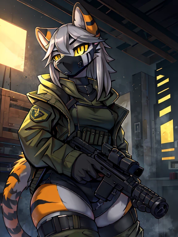 женщина anthro furry tiger ,absurdity, a high resolution, ultra detailed,
1 girl,oversized hooded jacket,whole body,
Original character,girl,gray hair,yellow eyes,shoulder-length hair, complex black mask, military general, {Best quality}}, {{masterpiece}}, {{ultra detailed}}, {illustration}, {detailed light},
Nuclear fusion