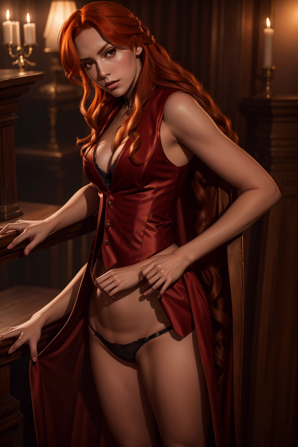 ((photo by full body)), ((photo realist)), 1 girl, (waistcoat: 1.2), 8k, high-res, finely detailed skin, lingerie, Breasts huge, lenore from castlevania, vampire, red hair, full body shot