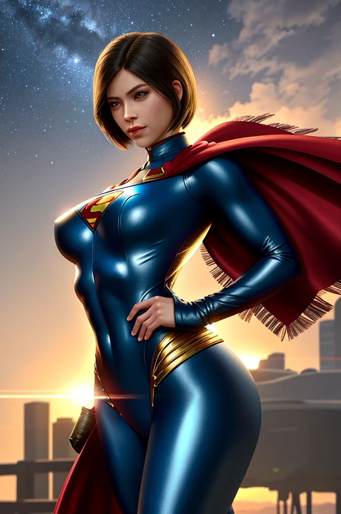 Superman female version.
Young woman dressed in tights, Short bob style hair, blue eyes,
- Entirely white and red fitted suit - suit that enhances female anatomy,
- Standing, with a firm and confident posture, big hips, big buttocks, small waist, big chest, flying over a city with a determined look.
- In a sensual pose, ready for action, with one arm extended and the other flexed.
- Sensual and mischievous look, transmitting lust .
- A soft but confident smile can add warmth and bring the character closer.
- A cosmic scene with planets and stars, showing your connection to the universe.
- A night landscape,
- Soft, warm light that highlights the textures and details of the suit.
- Shadows that accentuate the muscles and figure, creating a dramatic contrast.
- Light effects that suggest energy and power emanating from the character.
- Hair blowing in the wind, adding dynamism.
- Visual effects such as flashes of light or auras that enhance your power.
- Add moving elements, like hair, to give life and energy to the image.