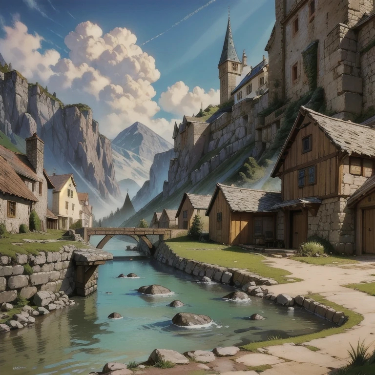 a small medieval village, fancy, d&d, conceptual artwork, sharp focus, trends on ArtStation, digitalpainting, midi, bright sunny, comely, texture, Wizards of the Coast, tabletop, Scenario, stone and wood building materials, poor village, European culture, River side