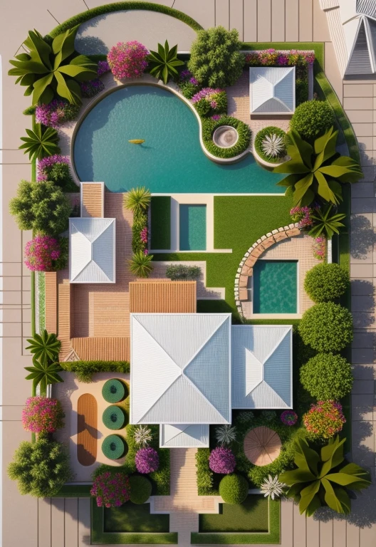 a drawing of a garden with a pond and a house, with a fishpond and courtyard, colorful architectural drawing, architectural illustration, complex and detailed, very detailed design, aerial illustration, detailed digital illustration, 2 d axonometric overhead view, high detail illustration, aerial perspective, residential design, really detailed, detailed design, impossibly detailed, insanly detailed