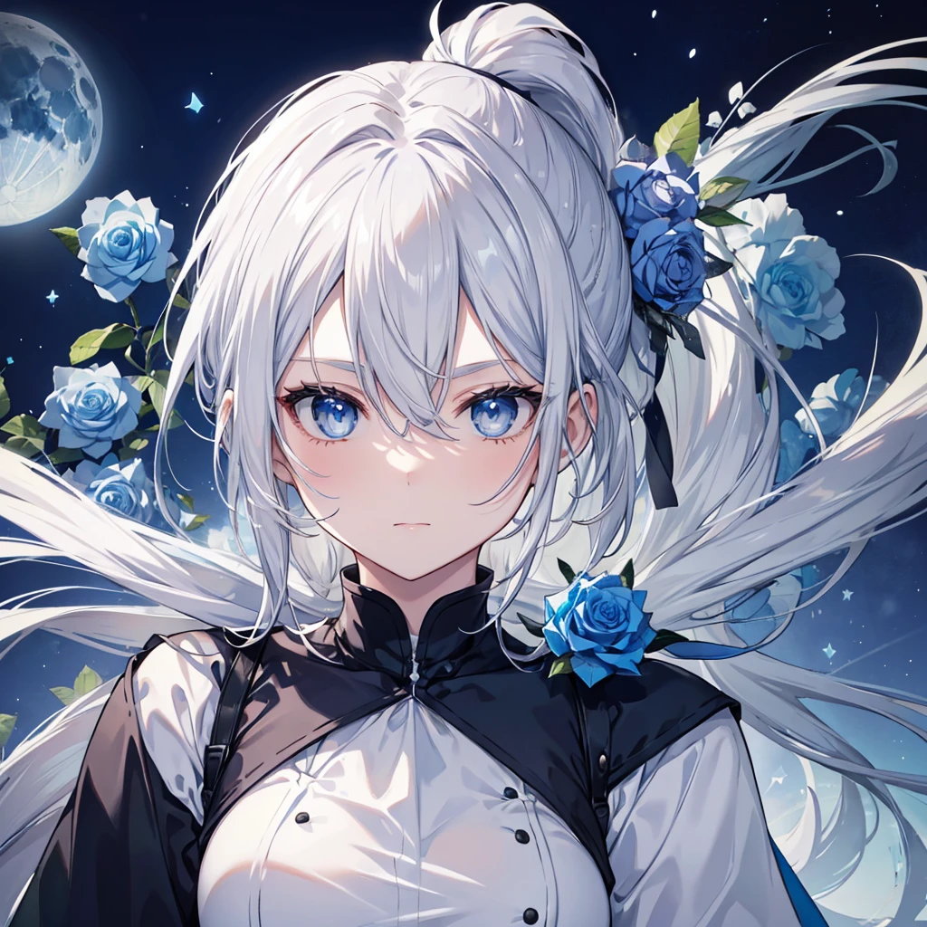 ((((Gray Hair、ponytail、Long Hair 1 person Blue eyes、Shine Pure white skin Smooth skin)))) (((Adult women、slender Kind Face With blue roses Blue and white))) ((Big Moon、night milky way)) (Shine背景 白くShine縁)
