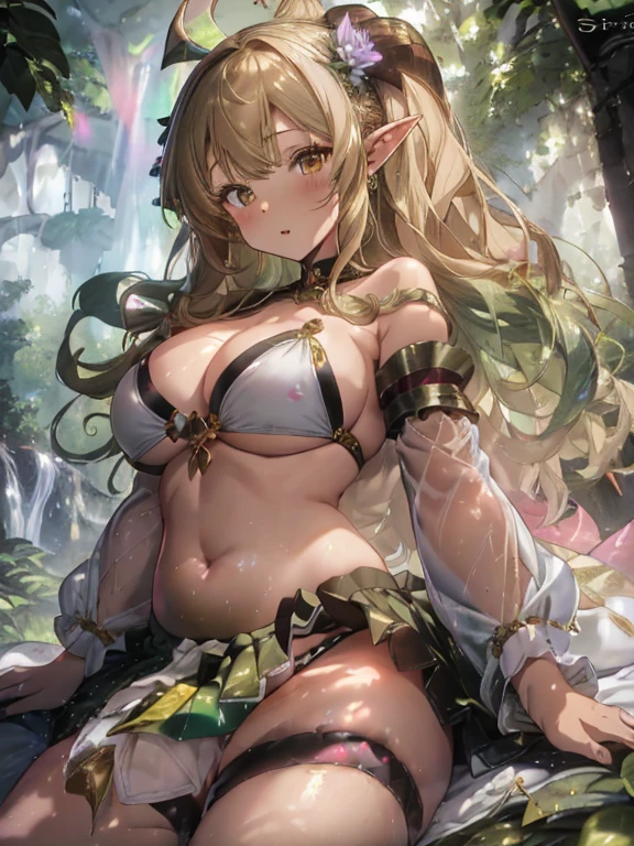 Colorful flowers々Forest in full bloom,Dense vegetation,Big forest,Fluffy pale golden hair,Eyes pale yellow-green,Elf Ears,Unicorn horn,首輪とLock,ボンデージとLock,slave,Luxurious and voluminous white dress, Pushed to the ground,The hem of the dress is very long and wide,coloured butterflies々Fly around(Pale green or yellow, Light purple and light blue),Rainbow Hair,Restrained arms,Ahegao,Red Tide,Watery eye,wood々Soft light shining through the gaps in the leaves,Angel Light Ladder,god々Shining light,Particles floating in the air,Glowing particles,Glamorous Body,Ultra low angle,Curly hair,is,Belly button exposed,Stylish clothes,Stylish hairstyle,Stylish accessories,Underboob,Hairstyle Princess cut,Wrist restraint,Lock,White panties,See-through,Detailed panty wrinkles、Sunburn、Dark skin、Large areola、Brown areola,Masturbation,Touching the pussy with your fingertips,