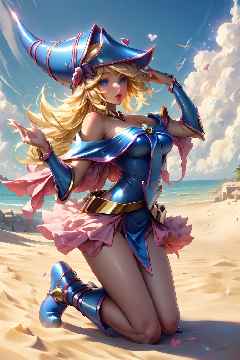 Dark magician gils dressed as the sand goddess from Saint Seiya. Vestido white, tight, white. blond hair. blue eyes. Red lips. Whole body. Athena background. Sensual and innocent pose. Magic circle around you. Magic of the heart in the air.