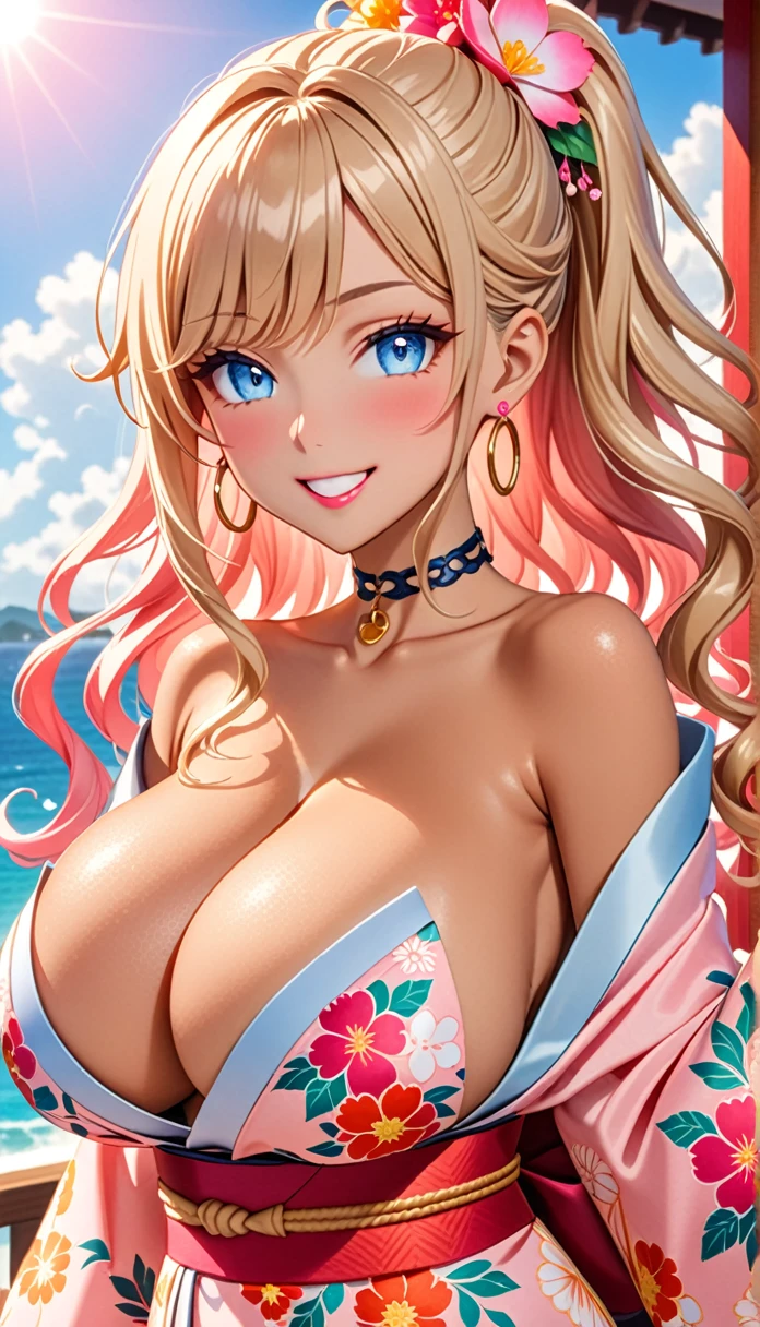 ultra-detailed, ((one girl)), (portrait), (tan skin:1.4), in pastel colors gyaru, (heavy makeup), (professional lighting), hyper detailed, absurdres, 8k, Beautiful Face, (Laugh shyly), ((teasing smile:1.2)), ((happy smile:1.4)),  ((Wink:1.5)), (Laugh with your mouth wide open),((Tilt your face:1.6)), View your viewers, ((Bright red cheeks:1.4)),Glossy shocking pink lips, ((huge breasts:1.6)), undressing, ((She is naked up to her shoulders, highlighting her cleavage.)), ((Her tattoo peeked through her kimono:1.2)), noon, summer, Luxury resort with ocean view, ((Anime style background)),masterpiece, Highest quality, (Brighten your face), so beautiful,Latest, Complex details, ((fluorescent pink long nail:1.2)), (ring),(bracelet), (Floral Choker),AI-generated, Complex,High resolution, Highest quality, super high quality,3D Images、3D Images,One person, (blond long hair), (High Ponytail), (wavy hair:1.4), Anime woman posing for a photo, ((Eyes with detailed pupils、blue eyes、glowing eyes:1.3)), BREAK, (Squint your eyes:1.1),a hyperRealistic , hyperRealistic , Realistic,Anime woman with long honey blonde hair, Smooth anime CG art, A girl in a gorgeous pastel-colored kimono, ((Pastel-colored furisode)),(Pink large floral pattern),  (sideboob), Long flower hair ornament,large gold hoop earrings, Mature Body, tall,Narrow waist,((dutch angle)), ((model posing:1.3)), extreme close-up shot,