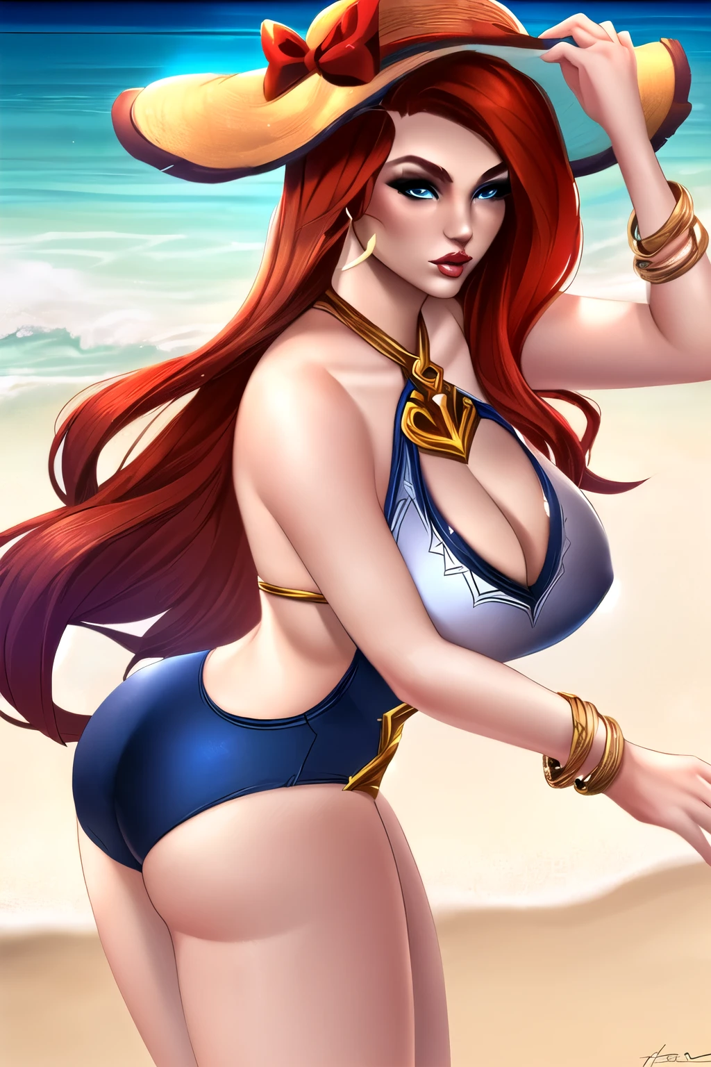 ((4K,work of art,best qualityer)), 1womanl, (miss fortune league of legends), russet hair, defined body, blue colored eyes, (Festa na praia), swimsuit wear