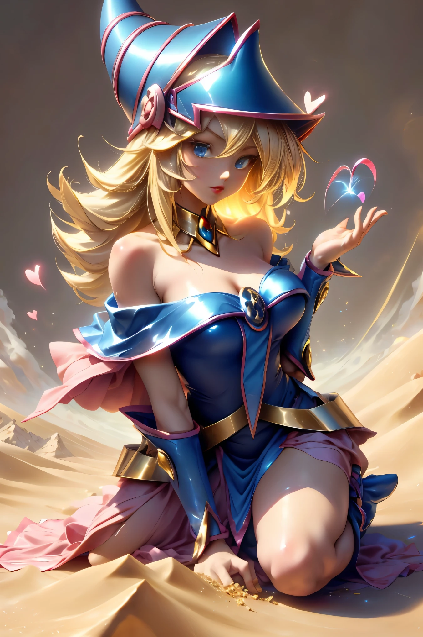 Dark magician gils dressed as the sand goddess from Saint Seiya. Vestido white, tight, white. blond hair. blue eyes. Red lips. Whole body. Athena background. Sensual and innocent pose. Magic circle around you. Magic of the heart in the air. 