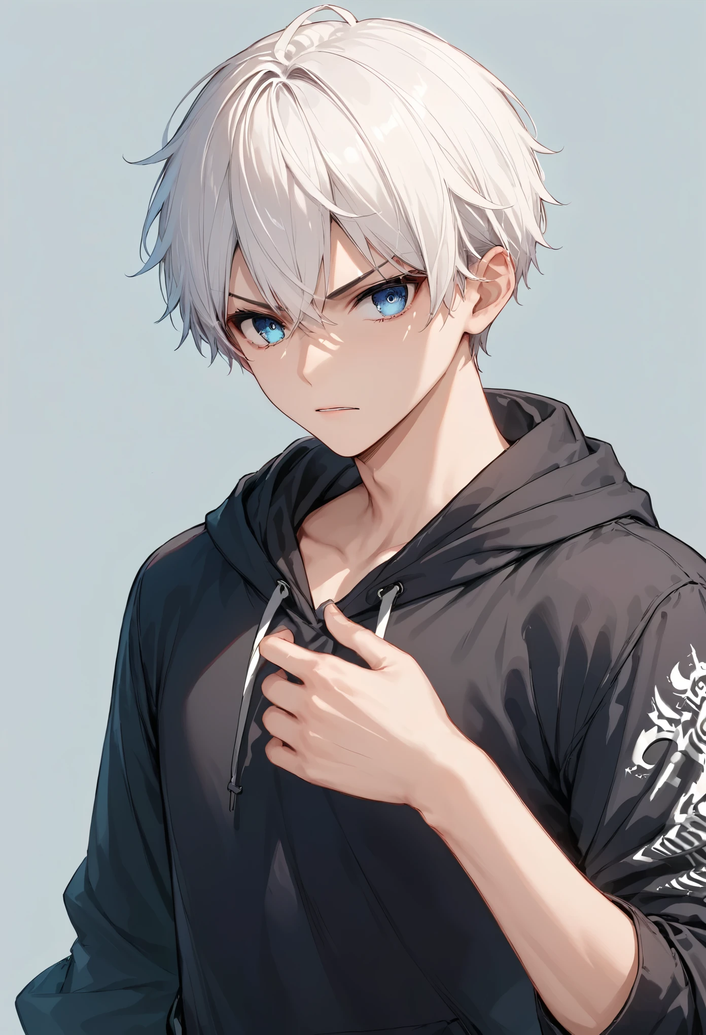 score_9, score_8_up, score_7_up,source_anime, high res image,masterpiece,best quality,anime boy,white hair,blue eyes,black hoodie,simple background,rage,