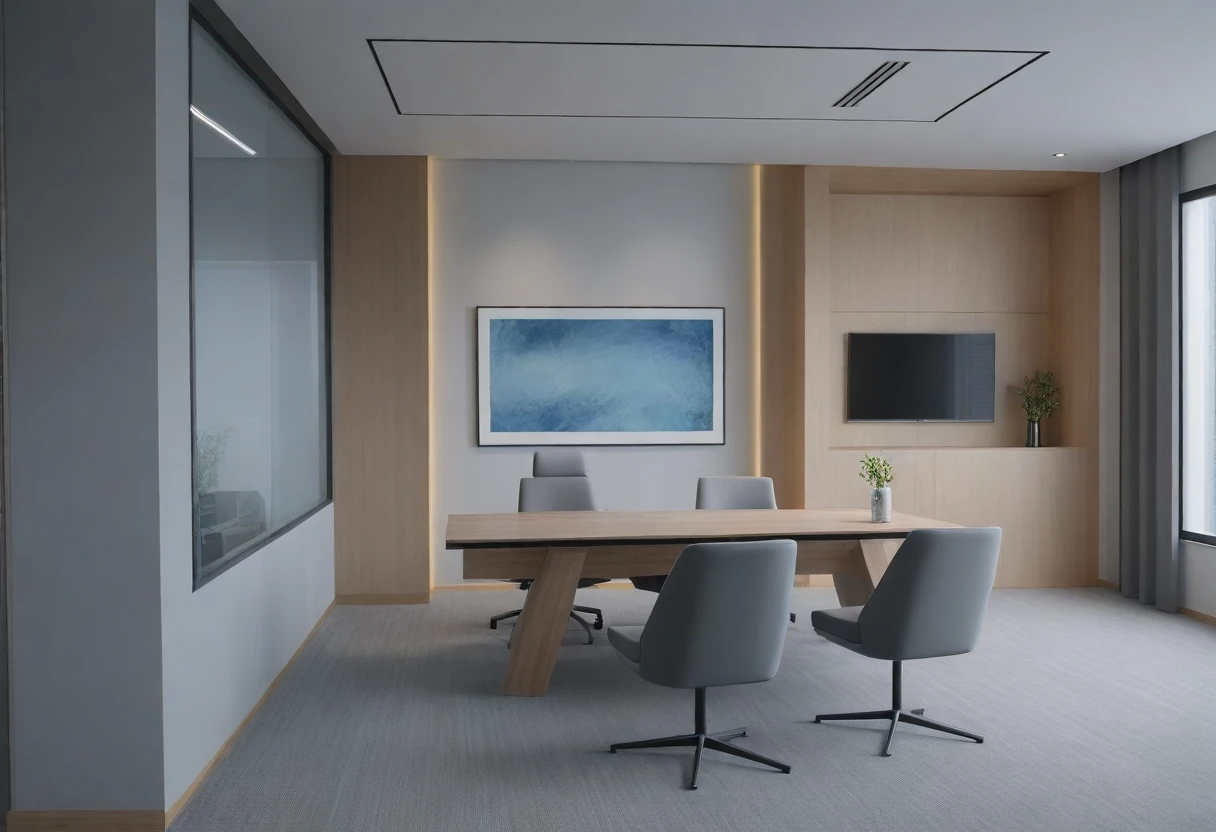 ((neo-modern living scene in the office.)), modern office (about working: 1.3), (realistic), (masterpiece), super detailed, surreal, (full detail) ), (high quality), (8k), (4k), 1 glass table with vase, 3 wooden desks with working computer, 3 wooden chairs for working, 1 director's chair at the end wall, 1 air conditioner inside wall