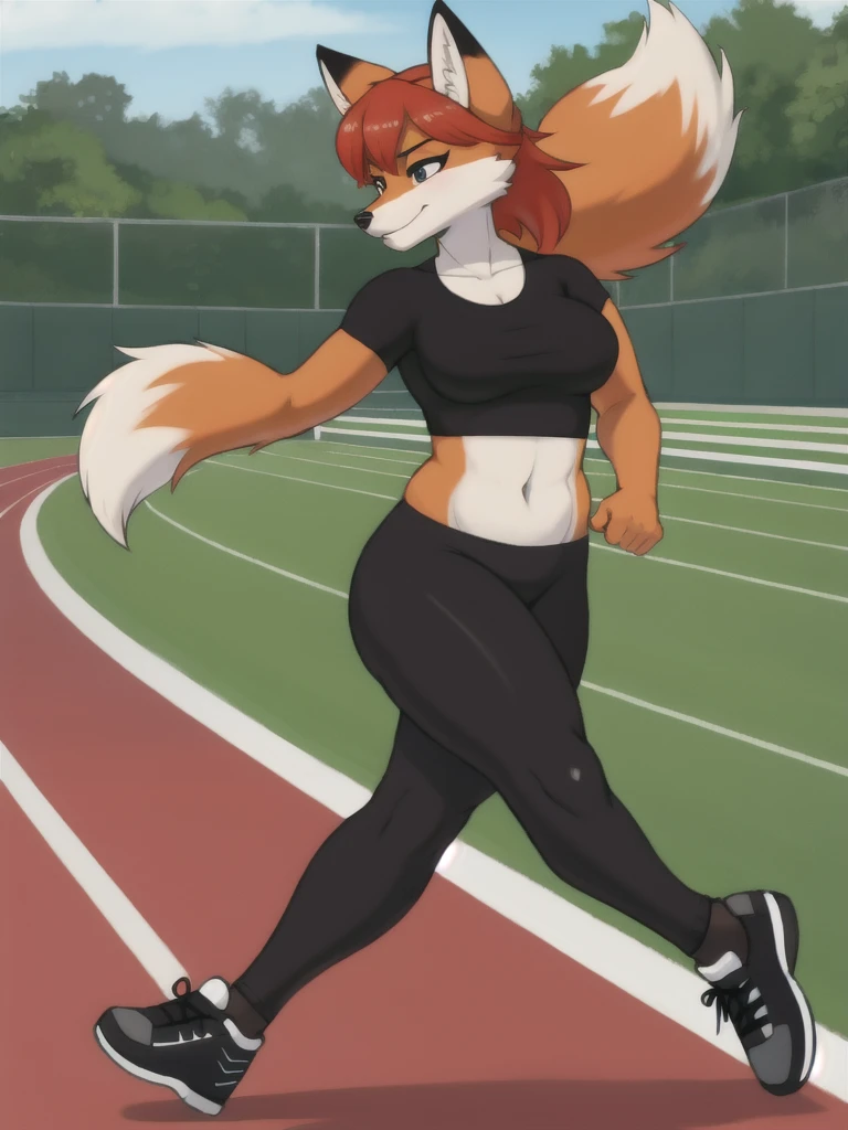 Furry, fox, female, black shirt, black leggings, shoes, running track, solo, full body