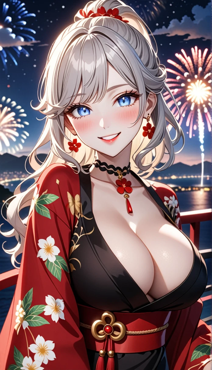 ultra-detailed, ((one girl)), (pale skin:1.5),  fair-skinned gyaru, ((Girl in black kimono)),  (heavy makeup), (professional lighting), hyper detailed, absurdres, 8k, Beautiful Face, (Laugh shyly), ((teasing smile:1.2)), ((happy smile:1.4)),  ((Wink:1.4)), (Laugh with your mouth wide open),((Tilt your face:1.6)), View your viewers, ((full-face blush:1.4)), Glossy Red Lips, ((huge breasts:1.6)), undressing, ((She is undressed up to her shoulders, highlighting her cleavage.)), ((Shoulder Tattoo:1.3)), summer, night,Observatory with a view of the sea, firework, ((Anime style background)),masterpiece, Highest quality, so beautiful,Latest, Complex details, ((red long nail:1.2)), (ring),(bracelet), (Floral Choker),AI-generated, Complex,High resolution, Highest quality, super high quality,3D Images、3D Images,One person, (Silver White hair),Long Hair, (White high ponytail), (wavy hair:1.3)), Anime woman posing for a photo, ((Eyes with detailed pupils、blue eyes、glowing eyes:1.3)), (Squint your eyes:1.1),a hyperRealistic , hyperRealistic , Realistic,Anime woman with long white hair, Smooth anime CG art, ((A girl in a gorgeous black kimono:1.2)), ((black furisode:1.3)),Gold embroidery, (Large floral pattern in red color),  (sideboob), (Long red flower hair ornament),(big floral earrings), Mature Body, tall,Narrow waist, ((model posing:1.3)),  (extreme close-up shot), ((dutch angle:1.2)),