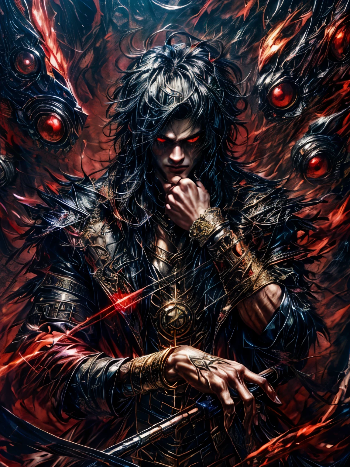 Man with black hair and red eyes, surrounded by eyes, disembodied with red irises, red and black background. Dark coat with red details, holds a right spear, while the left hand touches the lips in a contemplative gesture. Extremely detaild, 8k, HDR, naturallight, cinematic lighting, masterpiece-anatomy-perfect, ultra HD, RAW photo, metallic, professional, ultra-fine painting, perfect body proportions, anatomically correct, uhd, real texture material, Anti-Aliasing, FKAA, TXAA, SSAO, Post Processing, Post Production, Tone Mapping, CGI, VFX, SFX, hyper maximalist, Volumetric, ultra photorealultra-detailed intricate details.