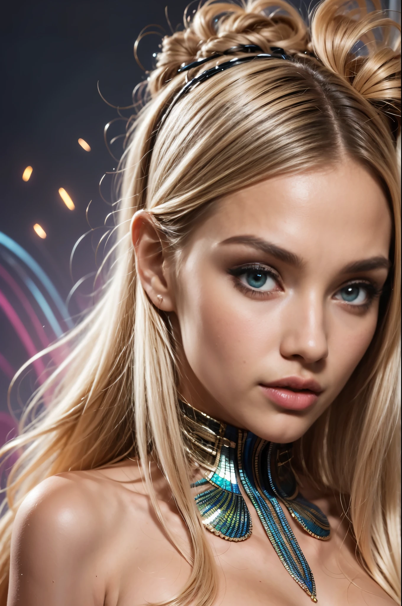 (best quality,4k,8k,highres,masterpiece:1.2),ultra-detailed,(photorealistic,photo-realistic:1.37), (A beautiful female phantom with compound eyes that look like the eyes of a praying mantis:1.5), futuristic, hi-tech, natural-looking skin, emerald-green compound eyes, exquisite, detailed face features, (piercing eyes, long eyelashes and sharp angles:1.3), sculptural facial structure, innovative fashion style, metallic, shimmering make-up, glowing eyeliner, ornate futuristic jewelry, elaborate headpiece, feathers and metallic elements, ethereal background with floating holographic particles, controlled lighting with soft highlights, bluish-green color scheme, otherworldly atmosphere. (NSFW:1.2)