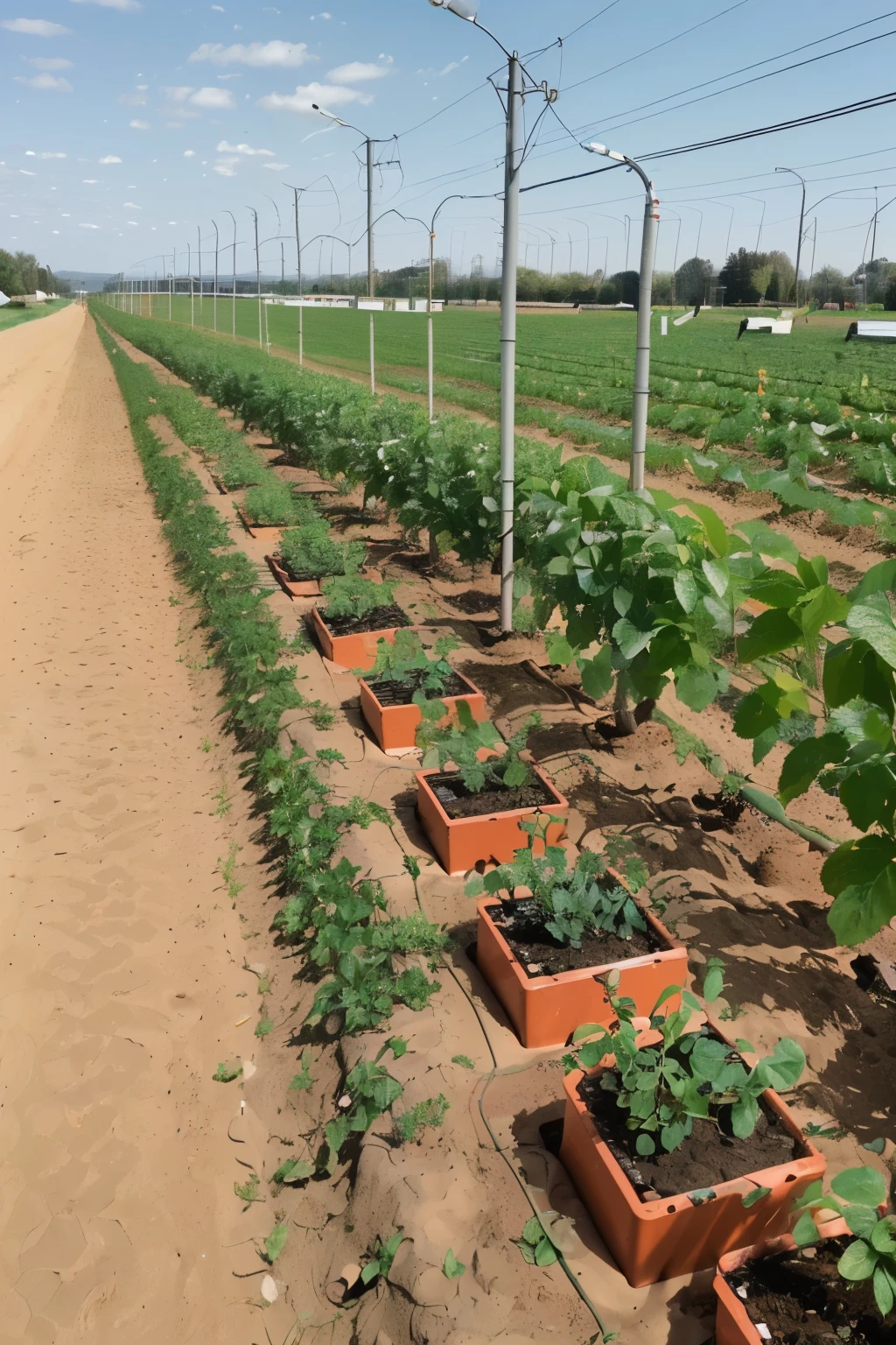((best quality)), (([6:12 AM, 7/25/2024] Amna Naeem: Design and develop a improved furrow irrigation system with components 2 furrows patches of field, pond, solar system with batteries, Arduino,relay module, LCD Display, 2 soil moisture sensor, DC pump, suction pipe, Main PVC Pipe line, solenoid valve, connection wires, Tee
with the system that DC Pump is connected with suction pipe to the pond and with main PVC pipe to 2 secondary pipes that are connected with Tee, Dc pump is powered by solar system, and it also connected with relay module, with the DC pump at main PVC pipe solenoid valve is attached which is powered by solar and connected to relay module, Arduino is connected by wires to Relay module, and powered by solar, arduino is also connected with the both soil moisture sensors which are inserted in 2 patches of field on ridge where plants are planted, relay module is then connected to LCD Displayfrom main PVC Pipe Tee is connected and the 2 secondary pipes that delivered water to the field 