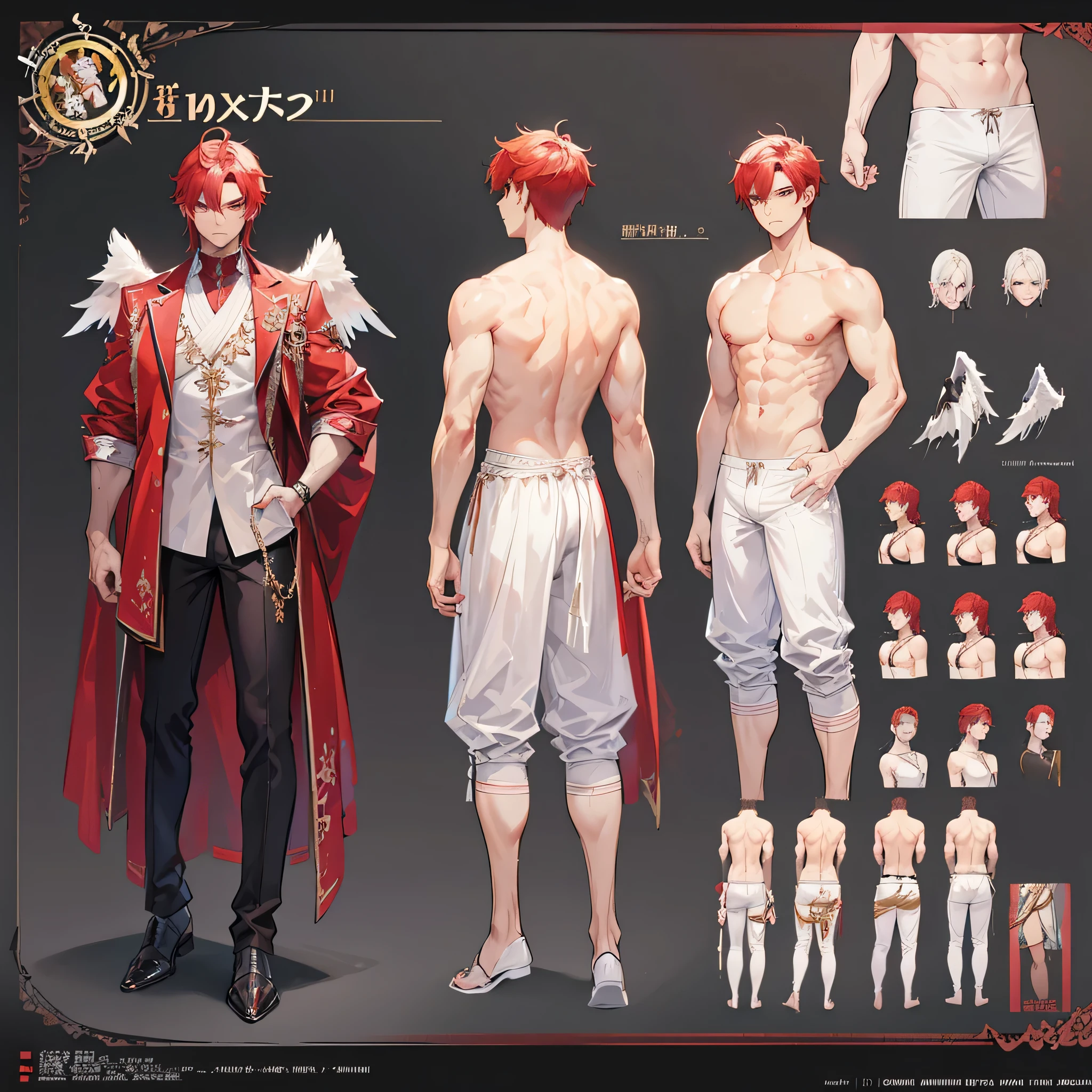 (Masterpiece, best quality), detailed, 1 man, ((character concept art)), ((character design sheet, same character, front, side, back)), full body, body complete, 1 Male angel, 1 Man angel, Detailed face, character design sheet,full bodyesbian, Highly detailed, character sheet, character design, Many parts, dark skin, angel wings, short red hair, angel outfit, muscle male god, male clothes, masculine, muscle man, male muscle, manly, male angel, Muscle male with short red, hair,beautiful man, beautiful muscle man