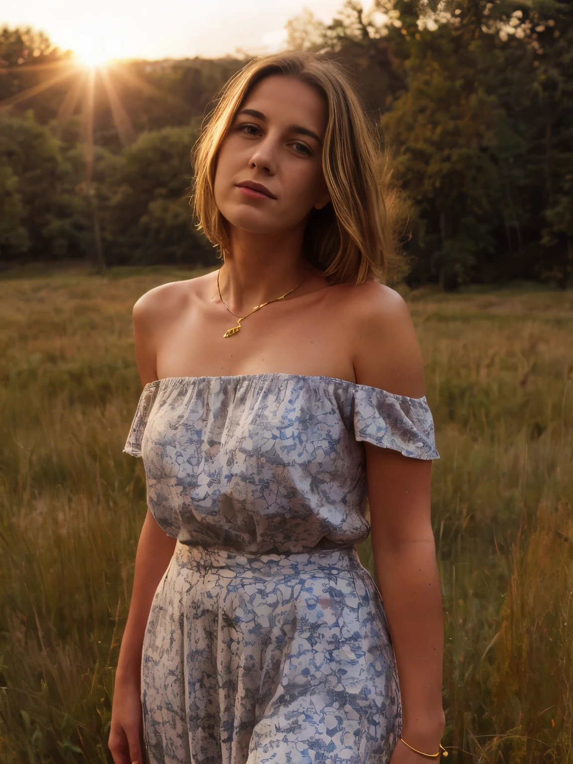 A young woman lies serenely on a lush, sunlit meadow, dressed in a stunning paisley print off-the-shoulder top and a flowing maxi skirt. The top, adorned with intricate paisley patterns in vibrant hues of teal, crimson, and gold, drapes gracefully over her shoulders, revealing her collarbones. The maxi skirt, made from a lightweight, airy fabric, flows around her with gentle movement, its subtle sways adding a touch of elegance to her pose. Her hair is styled in soft, wavy blond locks that cascade over her shoulders, with a buzz-cut at the nape of her neck contrasting against the longer waves. The natural texture of her hair catches the evening light, highlighting its rich, golden tones. Her skin is a warm tan, with realistic imperfections such as freckles and slight blemishes, which add to the authenticity of her appearance. The evening light casts a warm, golden glow across her skin, enhancing its natural beauty and bringing out the rich textures and subtle shadows. The background features a detailed, realistic depiction of a meadow, lush with greenery and dotted with wildflowers. The setting sun bathes the scene in a soft, golden light, creating a peaceful ambiance. The background is slightly blurred with a soft bokeh effect, focusing attention on the woman while adding depth to the composition. The gentle movement of the skirt and the subtle wind create a dynamic yet serene atmosphere, enhancing the natural feel of the scene. The off-the-shoulder top reveals the graceful curve of her collarbones, and she wears a delicate necklace that catches the light. Her expression is serene, with a soft smile and a calm demeanor, reflecting a moment of tranquility. The detailed background includes the lush greenery of the meadow and the setting sun, contributing to the overall peaceful ambiance of the image. The intricate patterns on her top and the flowing fabric of her skirt are rendered with rich textures, adding depth and visual interest to the scene.