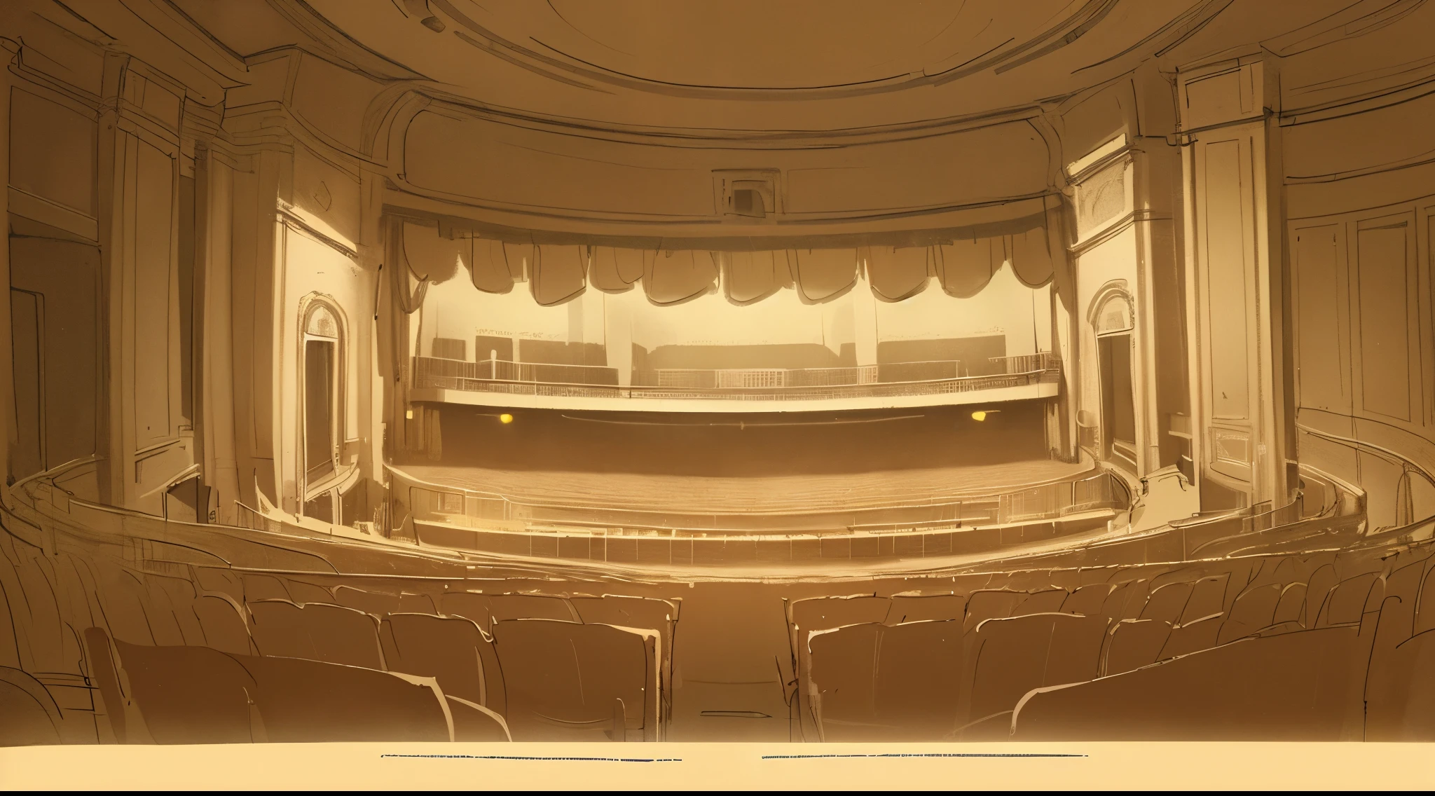theater, scenery, light, Photography, panorama, sketch, animatic, drawing, sepia, sketch