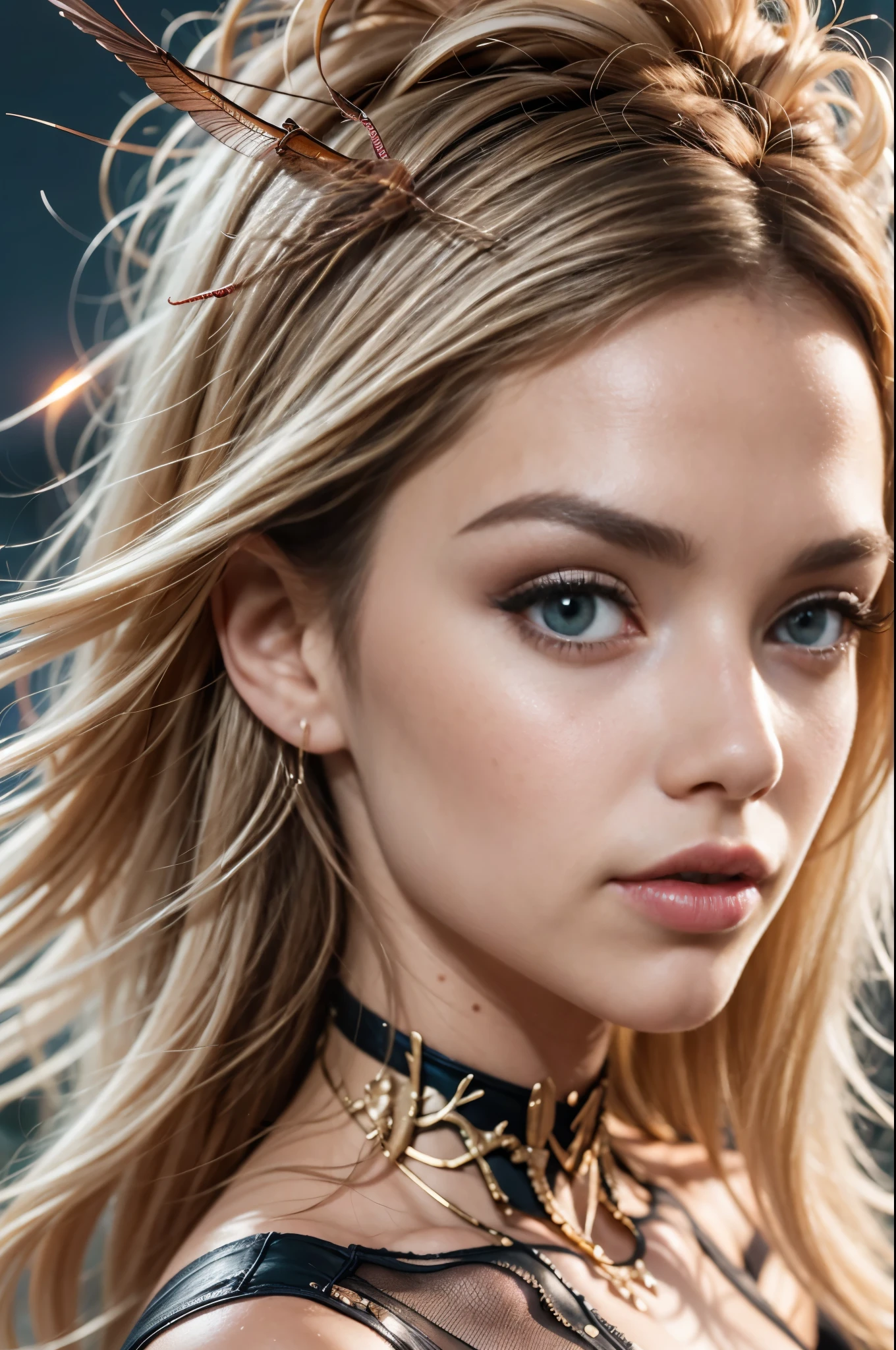 (best quality,4k,8k,highres,masterpiece:1.2),ultra-detailed,(photorealistic,photo-realistic:1.37), (A beautiful female phantom with compound eyes that look like the eyes of a praying mantis:1.5), futuristic, hi-tech, natural-looking skin, emerald-green compound eyes, exquisite, detailed face features, (piercing eyes, long eyelashes and sharp angles:1.3), sculptural facial structure, innovative fashion style, metallic, shimmering make-up, glowing eyeliner, ornate futuristic jewelry, elaborate headpiece, feathers and metallic elements, ethereal background with floating holographic particles, controlled lighting with soft highlights, bluish-green color scheme, otherworldly atmosphere. (NSFW:1.2)