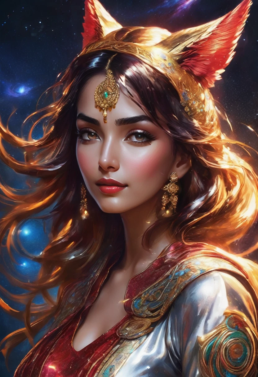 ((8k)),((Ultra Realistic))((Photo Realistic)),((HDR)),((Intricately Detailed Portrait)),((Detailed Fingers)) ((Solo Pic))((High Quality)).((Fine Quality))

(( INDIAN WOMAN)). Perfect Skin. Tall Slender athletic Body. . Oval Shaped Face. Sharp Jawline. Feline Eyes. Supple Heart shaped Red Lips. Big Bust. Heart Shaped Butt. Perfectly Toned Body, Brunette , Random Messy Hairstyles. Wet Body. Gracious Looks . Enticing Smile. 

Advanced Technology Galactic Phoenix Gown.  Nebula. Oversized Long Coat. Headgear. Guns

All direction View. Dynamic Pose. Dynamic Views. Eyes Staring at Viewer . Zooming out. Over the Tip view. Cleavage Focus . Overexposed . Accentuated Ass. Random hairstyles . Enticing Pose in Galaxies. Cosmos. . Halo