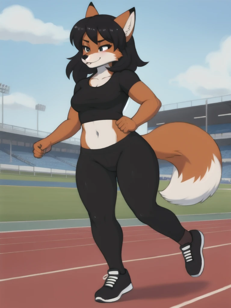 Furry, fox, female, black shirt, black leggings, shoes, running track, solo, full body