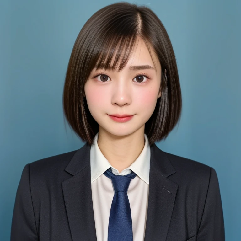(kawaii 18 year-old Japanese girl, Nogizaka idol, Korean idol, highschool student), healthy female athlete body, (glossy black hair, very short hair, pixie cut, bangs:1.3), (rounded face, single eyelid, no makeup, soft smiling:1.2), (wearing suit jacket, collared shirt, necktie:1.3), extra small breasts, (looking at viewer:1.2), BREAK, (simple blue background, yearbook background:1.3), (portrait, id photo, bust shot, view from vertically straight forward:1.3), BREAK, (masterpiece, best quality, photo realistic, official art:1.4), (UHD, 8K quality wallpaper, high resolution, raw photo, golden ratio:1.3), (shiny skin), professional lighting, physically based rendering, award winning, (highly detailed skin, extremely detailed face and eyes), Carl Zeiss 85 mm F/1.4, depth of field, 1girl, solo,