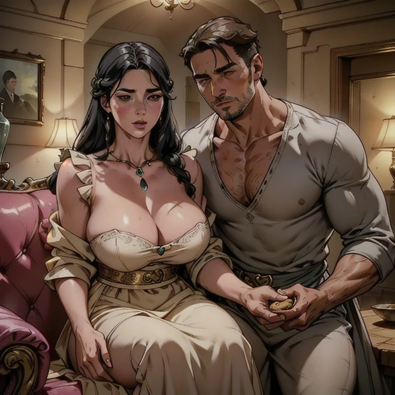 a mature woman with long black hair tied up, beautiful detailed eyes, beautiful detailed lips, round face,  with cleavage, wide , wearing a long dress with an apron, sitting on the sofa answering the phone, looking shy, behind her a mature man her husband roasting meat on the barbecue and a 10 year old boy her son helping with detailed and perfected meat art, ambiance of the house's leisure area, representing a family, unfaithful wife on the phone sitting on the sofa while husband roasts meat on the barbecue with their son, both two smiling,(best quality,4k,8k,highres,masterpiece:1.2),ultra-detailed,(realistic,photorealistic,photo-realistic:1.37),HDR,UHD,studio lighting,ultra-fine painting,sharp focus,physically-based rendering,extreme detail description,professional,vivid colors,bokeh,portrait,photography