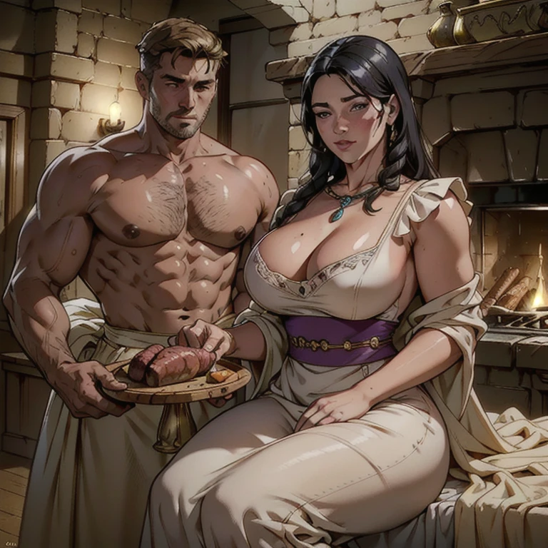 a mature woman with long black hair tied up, beautiful detailed eyes, beautiful detailed lips, round face, huge breasts with cleavage, wide hips, wearing a long dress with an apron, sitting on the sofa answering the phone, looking shy, behind her a mature man her husband roasting meat on the barbecue and a 10 year old boy her son helping with detailed and perfected meat art, ambiance of the house's leisure area, representing a family, unfaithful wife on the phone sitting on the sofa while husband roasts meat on the barbecue with their son, both two smiling,(best quality,4k,8k,highres,masterpiece:1.2),ultra-detailed,(realistic,photorealistic,photo-realistic:1.37),HDR,UHD,studio lighting,ultra-fine painting,sharp focus,physically-based rendering,extreme detail description,professional,vivid colors,bokeh,portrait,photography