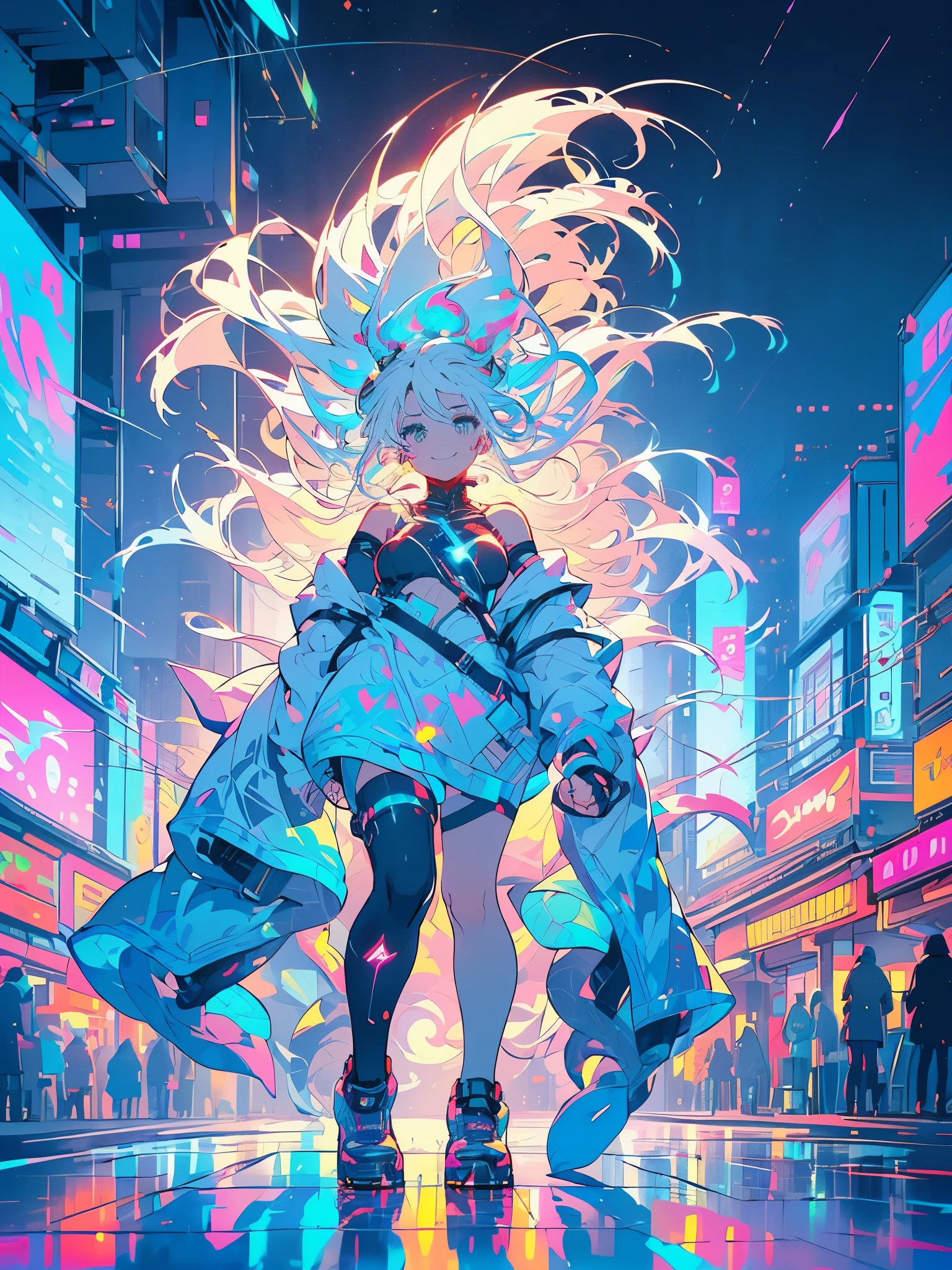 Cyberpunk city neon streets, work of art, LED paths in every corner, (((a girl in profile holding the side of her hair, white hair moving delicately with the wind, calm smile, gentle expression of peace, looking slightly upward))), the street has green neon logos, orange, azul from dark hearts and shining