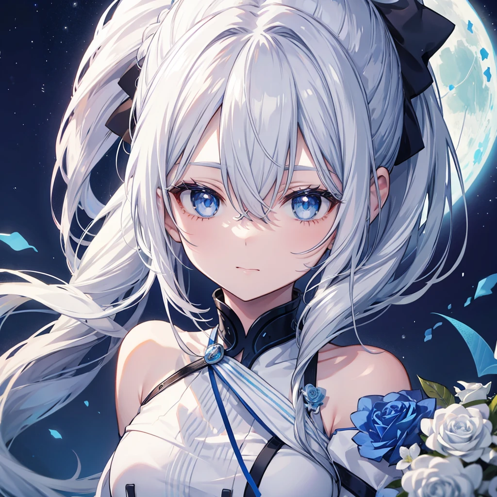 ((((Gray Hair、ponytail、Long Hair 1 person Blue eyes、Shine Pure white skin Smooth skin)))) (((Adult women、slender Kind Face With blue roses Blue and white))) ((Big Moon、night milky way)) (Shine背景 白くShine縁)