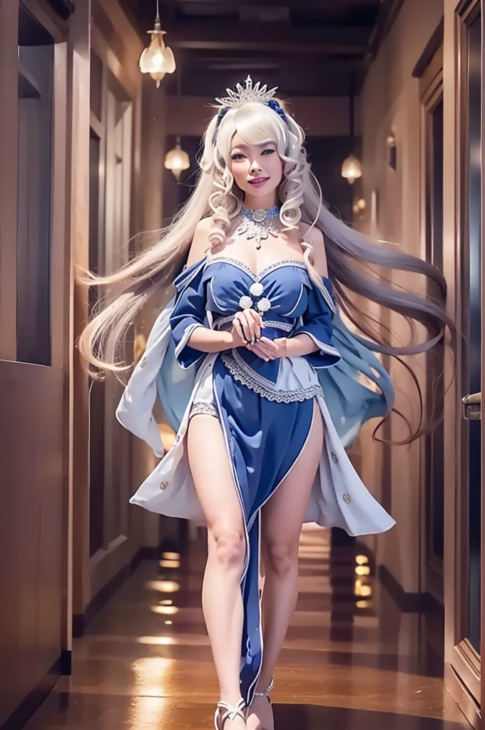 A woman with long, smiles expression ,white hair in curls wears a flowing blue dress with pearl accessories. She stands on the seashore, with the wind blowing her hair and dress. She looks out at the ocean, her expression serene and regal. She is the queen of the sea, and she commands the respect and admiration of all who behold her, blue nails, makeup, beautiful face, ultra detailed, masterpiece
