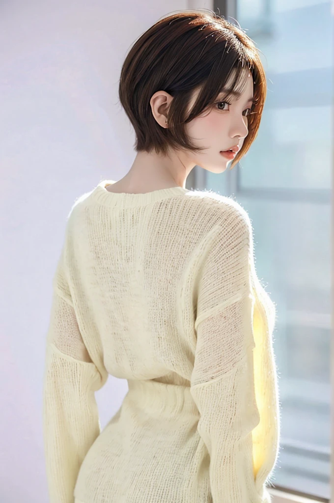 HDR, UHD,64K, nokiapretty, color white sweather, black background, short hair, redhair, from behind