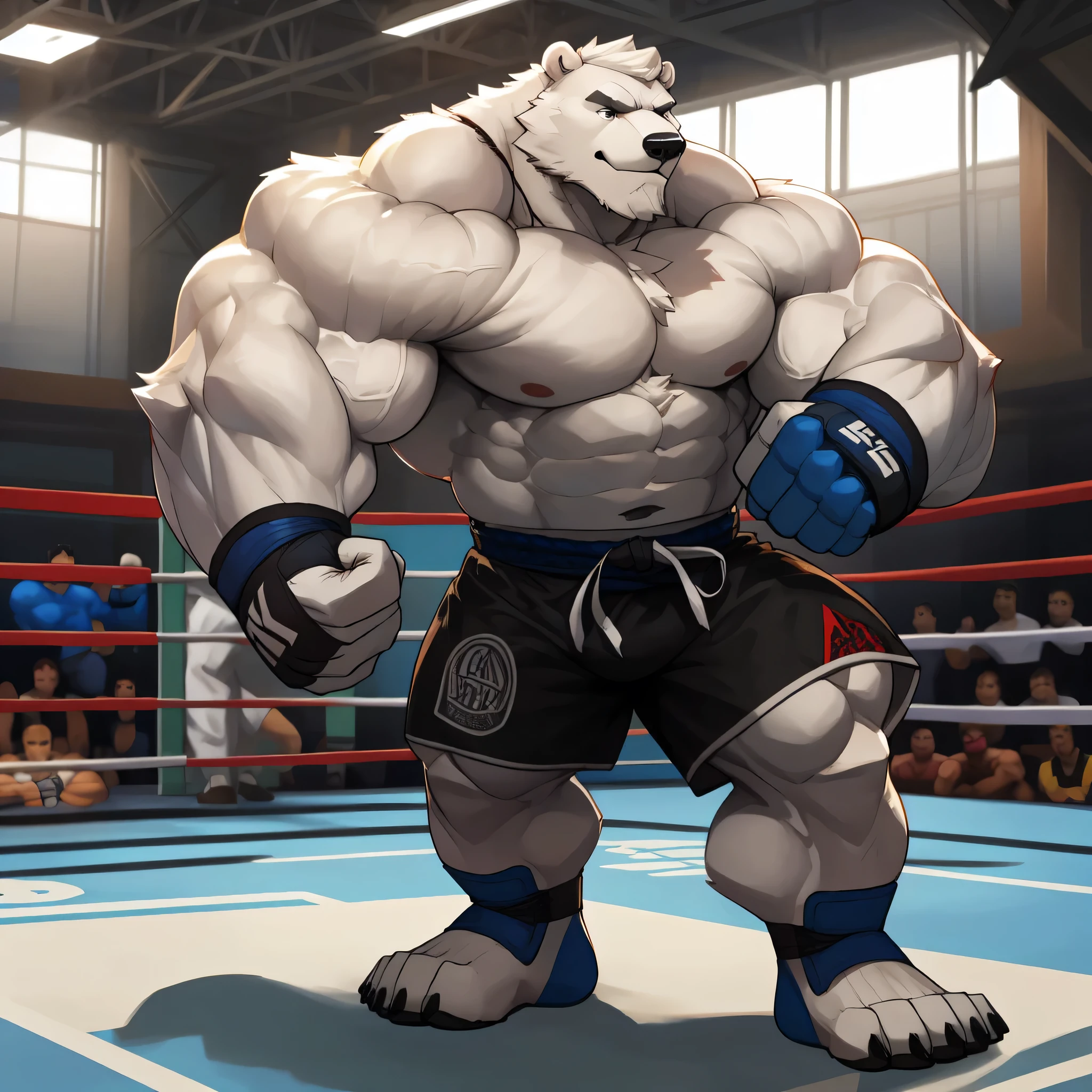 huge muscular polar bear in gymnasium, big smirk, polar bear, huge white fur, thick arm, huge arm, white mustache, white bearded. Short white hair, (huge thick muscular, huge pectoral, wide pectoral, thick arms), gymnasium, ring, realistic, 8k, masterpiece, (wearing black mixed martial arts shorts with blue slits, mixed martial art fingerless UFC gloves with blue pads, black toeless footwear and shirtless and topless), training on kicking and punching