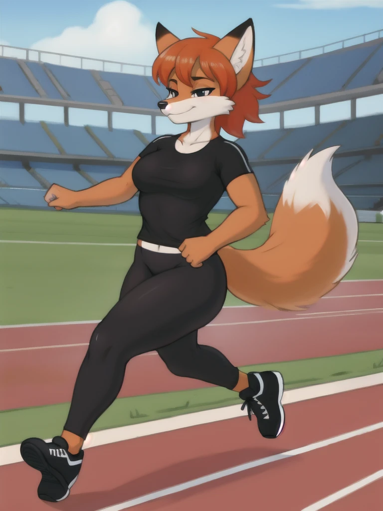 Furry, fox, female, black shirt, black leggings, shoes, running track, solo, full body
