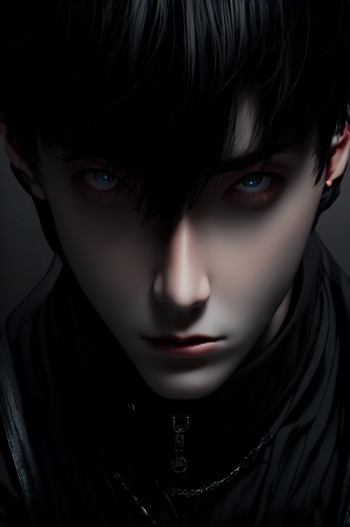 glitch effect, aesthetic male, dark hair, short hair, teen, potrait, male face, in front, black clothes, 1male, face, Symmetrical eyes. Symmetry. Realistic face. High quality picture. Detailed picture. Masterpiece. A high resolution