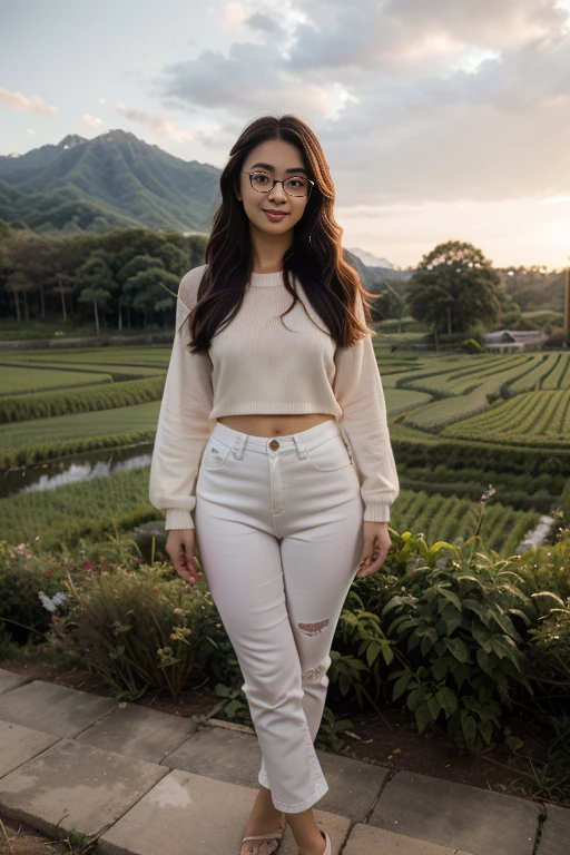 Young sweet beautiful Bogor city girl standing cheerful on wide rice  field near Bogor, descent mixed from sundanese and javanese and Arabic, little breasts, straight very short thin hairs with a bangs, very very slim body, have big  greek nose,  slim thin  face, wide forehead,  big eyes, little sexy  mouth, heavy down lip, thin uper lip, charm and cute girl, her name is Dewi, very sweet and harmful  smile, in the sunny fresh sunset, georgeus sweet face, slim body, 19 years old, student of agriculture university, wearing 80's style big   size white  long sleeve long sweater, wearing not sexy white thin trousers in late 80' years era mode and style, wearing wedges shoes, very realistic, very natural, very realistic, all body from head to toes view, wind blowing so strong  and blowing everything, straight bob style slim hairs with a bangs blown by the  very strong wind, salak mountain as background, beautiful sunset and beautiful girl, sweet romantic moment that can't forget, wearing glasses, she is very in love to me,