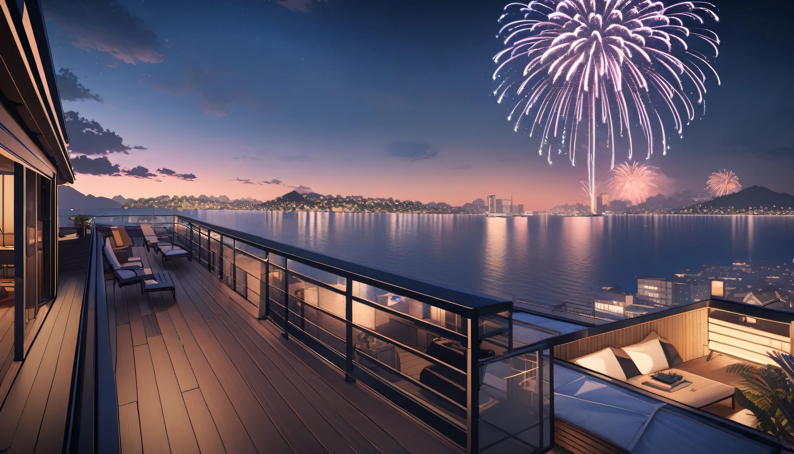 hyper detailed, absurdres, 8k, Rooftop terrace with sea view, I see fireworks,